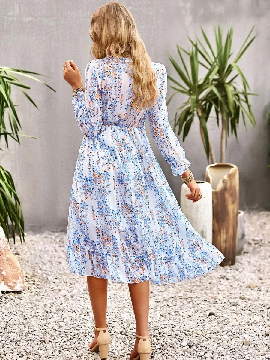 Women's Chiffon Floral Dress V Neck Midi Ruffle Long Sleeve A Line Casual