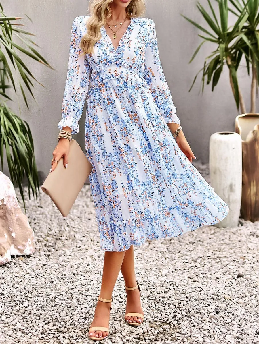 Women's Chiffon Floral Dress V Neck Midi Ruffle Long Sleeve A Line Casual