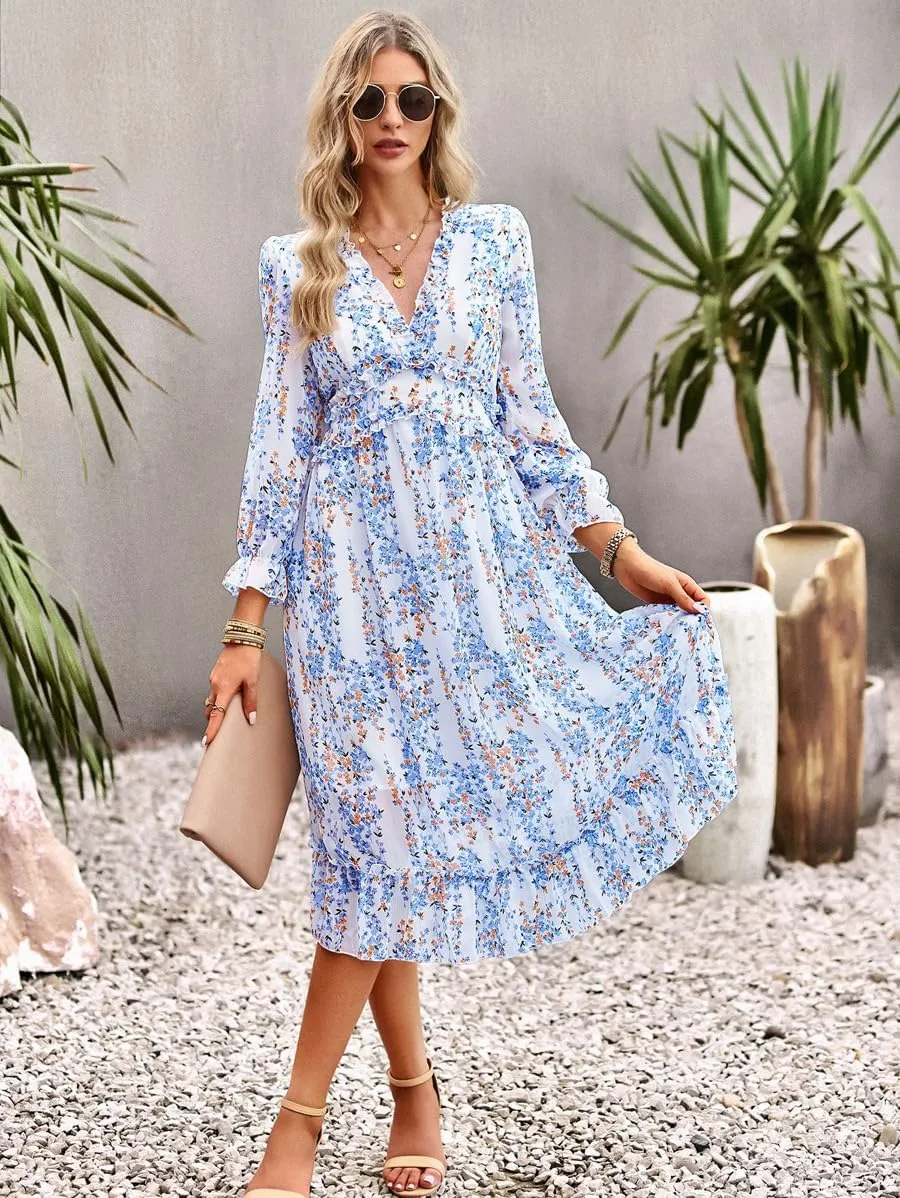 Women's Chiffon Floral Dress V Neck Midi Ruffle Long Sleeve A Line Casual