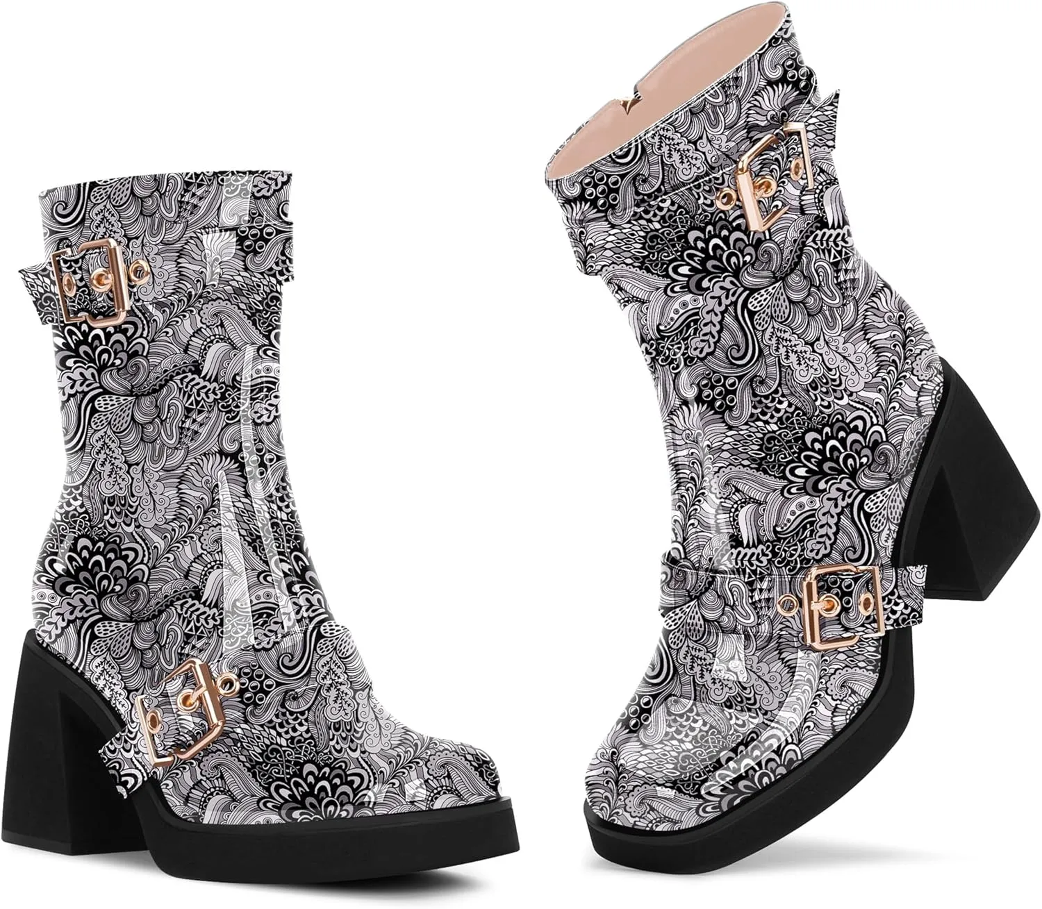 Women's Chunky Heel Square Toe Platform Buckle Strap Mid Calf Boots