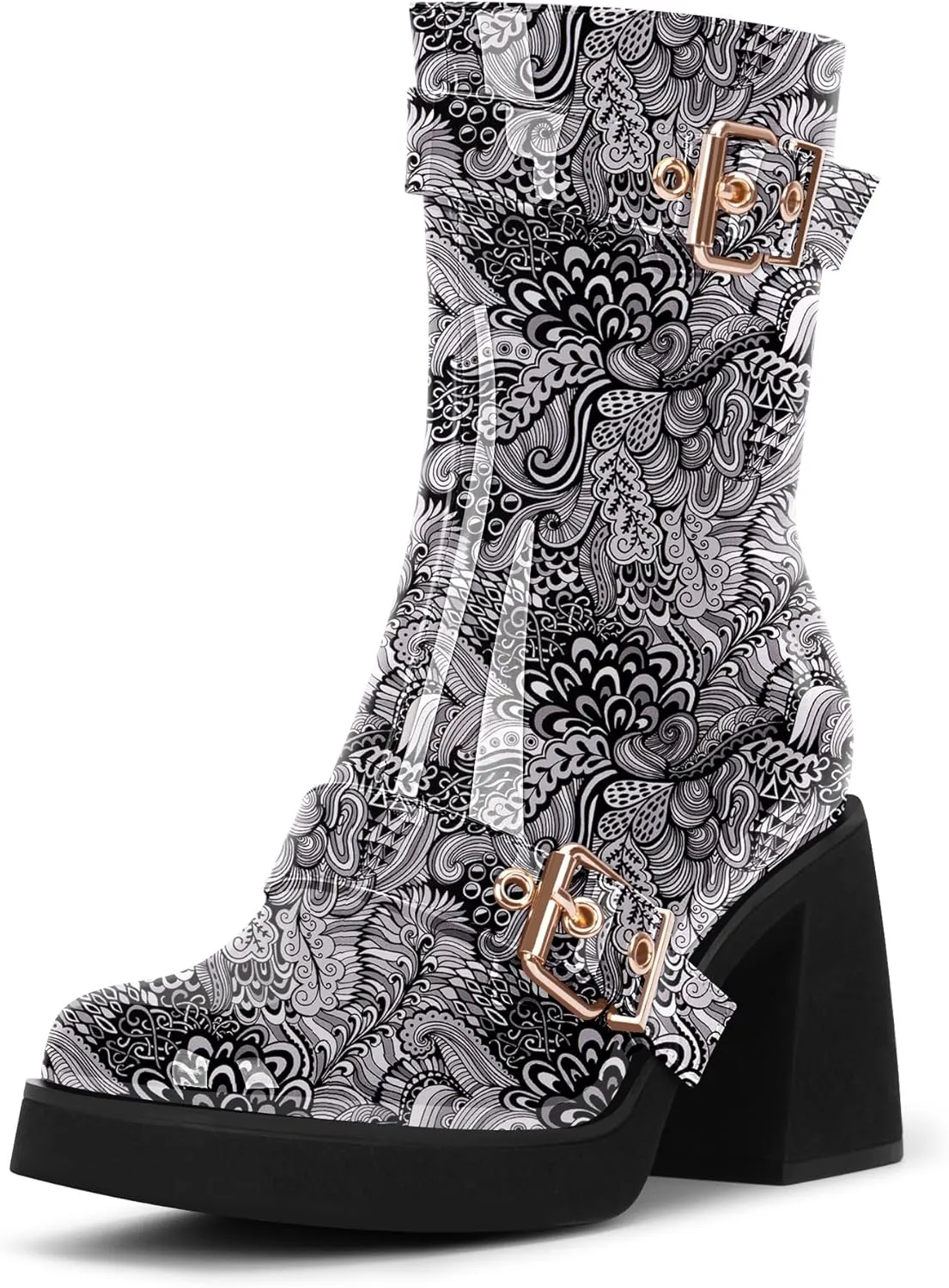 Women's Chunky Heel Square Toe Platform Buckle Strap Mid Calf Boots