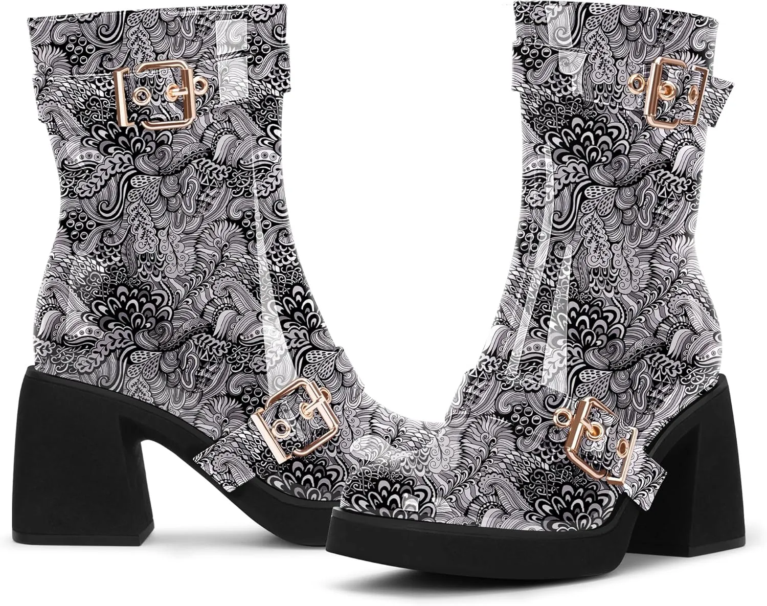 Women's Chunky Heel Square Toe Platform Buckle Strap Mid Calf Boots