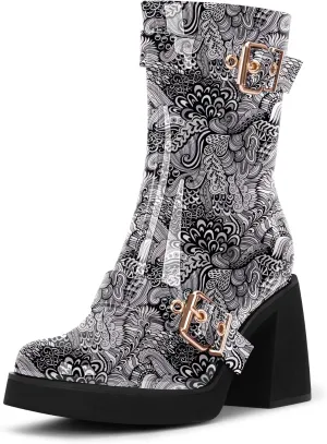 Women's Chunky Heel Square Toe Platform Buckle Strap Mid Calf Boots