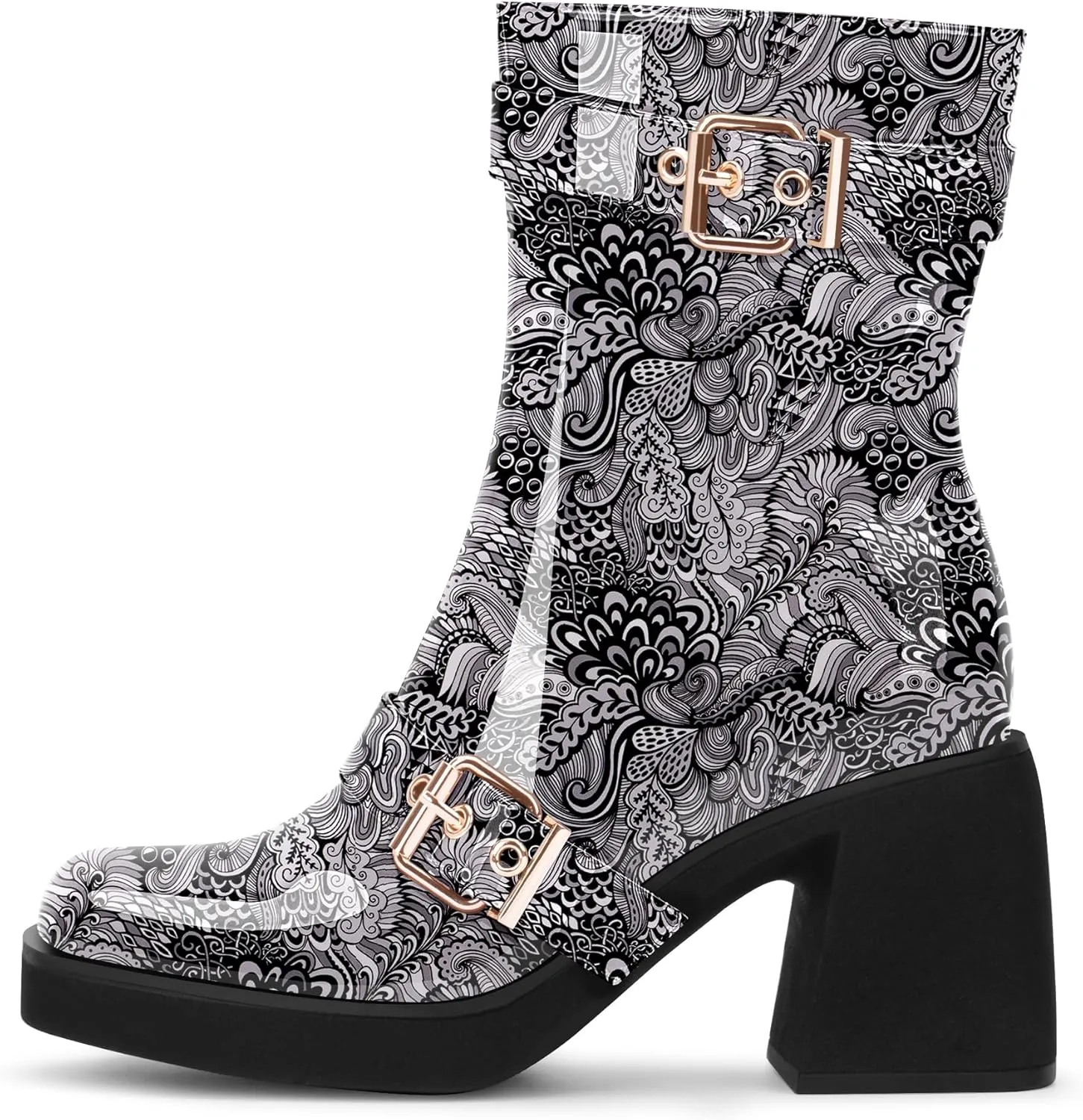 Women's Chunky Heel Square Toe Platform Buckle Strap Mid Calf Boots