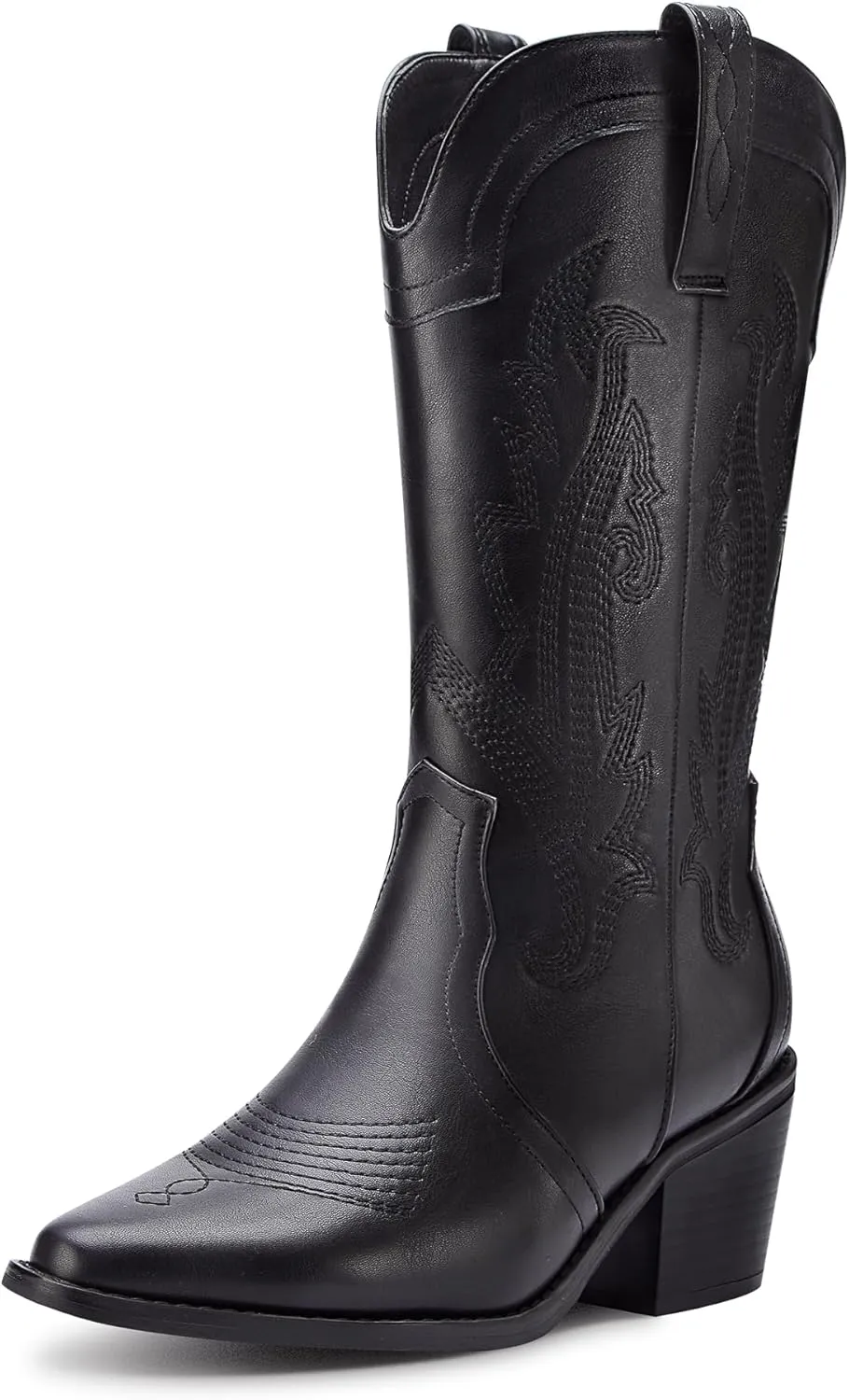 Women's Cowboy Boots Pointed Toe Western Boots Embroidered Mid-Calf Chunky Block Heel Cowgirl Boots