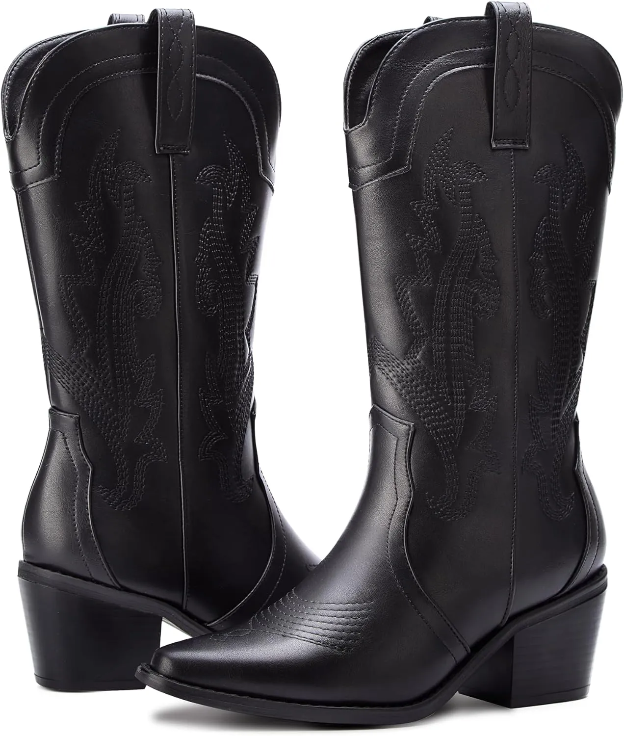 Women's Cowboy Boots Pointed Toe Western Boots Embroidered Mid-Calf Chunky Block Heel Cowgirl Boots