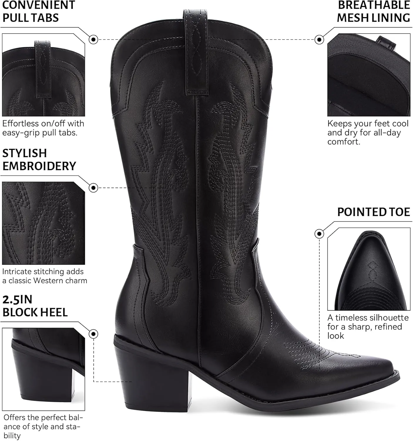 Women's Cowboy Boots Pointed Toe Western Boots Embroidered Mid-Calf Chunky Block Heel Cowgirl Boots