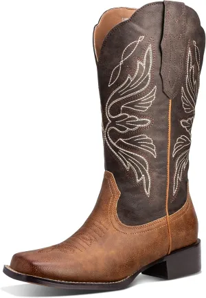 Womens Cowboy Boots Square Toe Wide Mid Calf Cowgirl Boots Fashion Western Ladies Boots Low Block Heel US 6-11