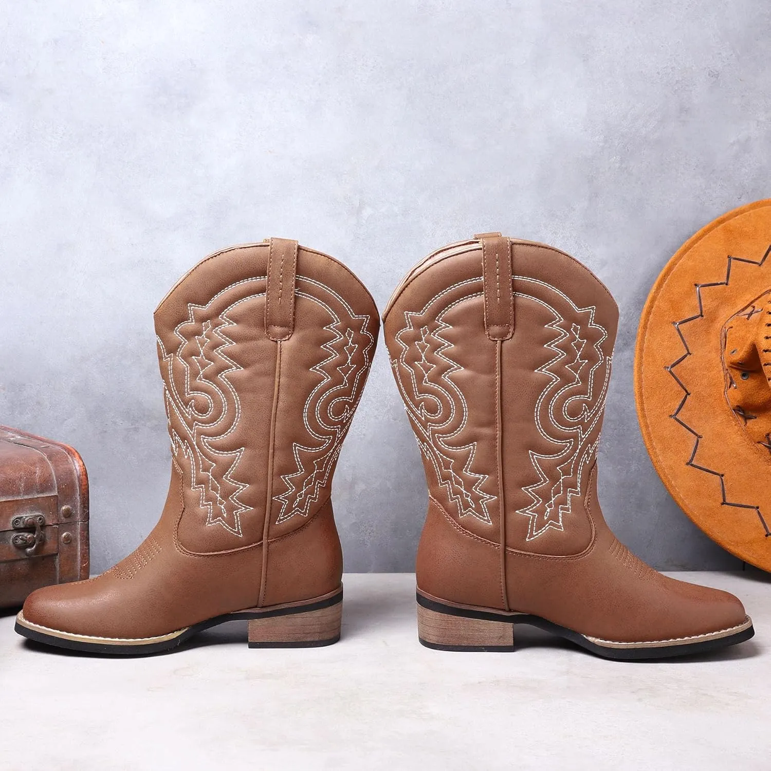 Women's Cowboy Western Boots - Square Toe Wide Calf Boots - Low Heels Short Mid Calf Booties Shoes