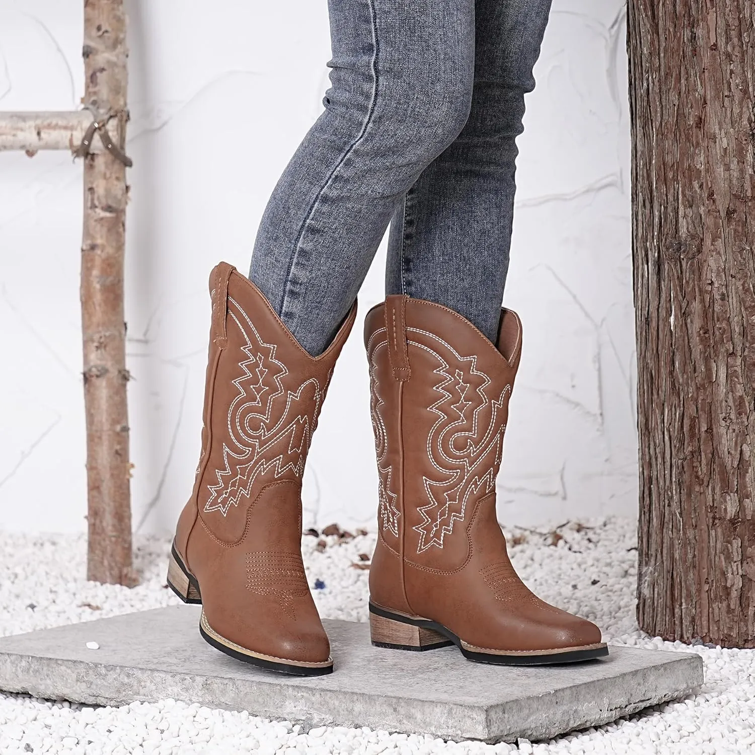 Women's Cowboy Western Boots - Square Toe Wide Calf Boots - Low Heels Short Mid Calf Booties Shoes
