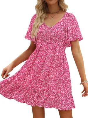 Womens Cute Floral Smocked V Neck Flutter Sleeve Sundress with Pockets Casual Spring Summer Dresses for Women 2025