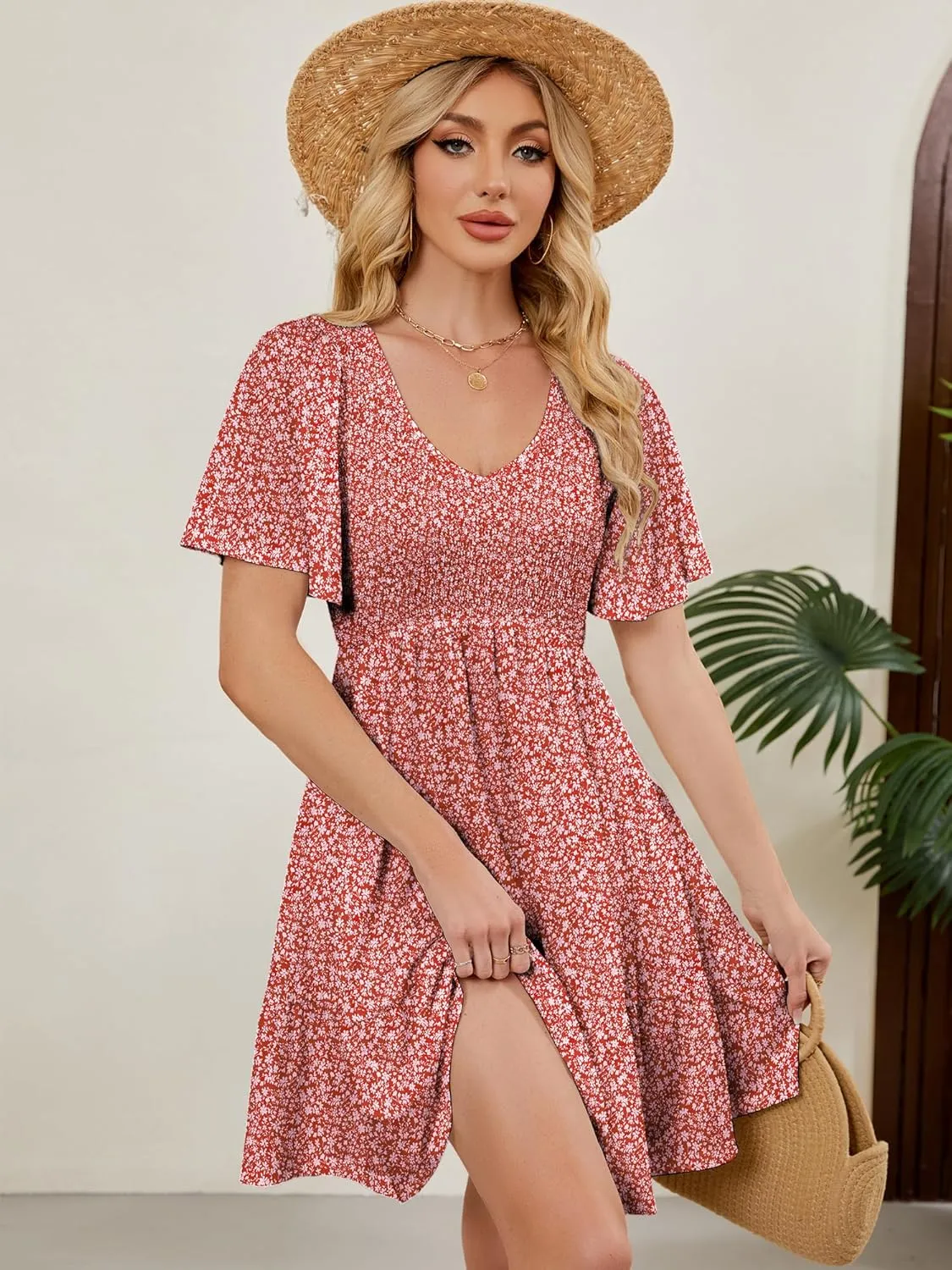 Womens Cute Floral Smocked V Neck Flutter Sleeve Sundress with Pockets Casual Spring Summer Dresses for Women 2025
