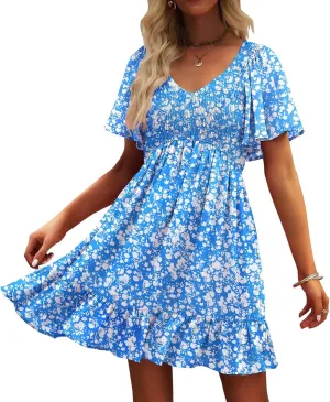 Womens Cute Floral Smocked V Neck Flutter Sleeve Sundress with Pockets Casual Spring Summer Dresses for Women 2025