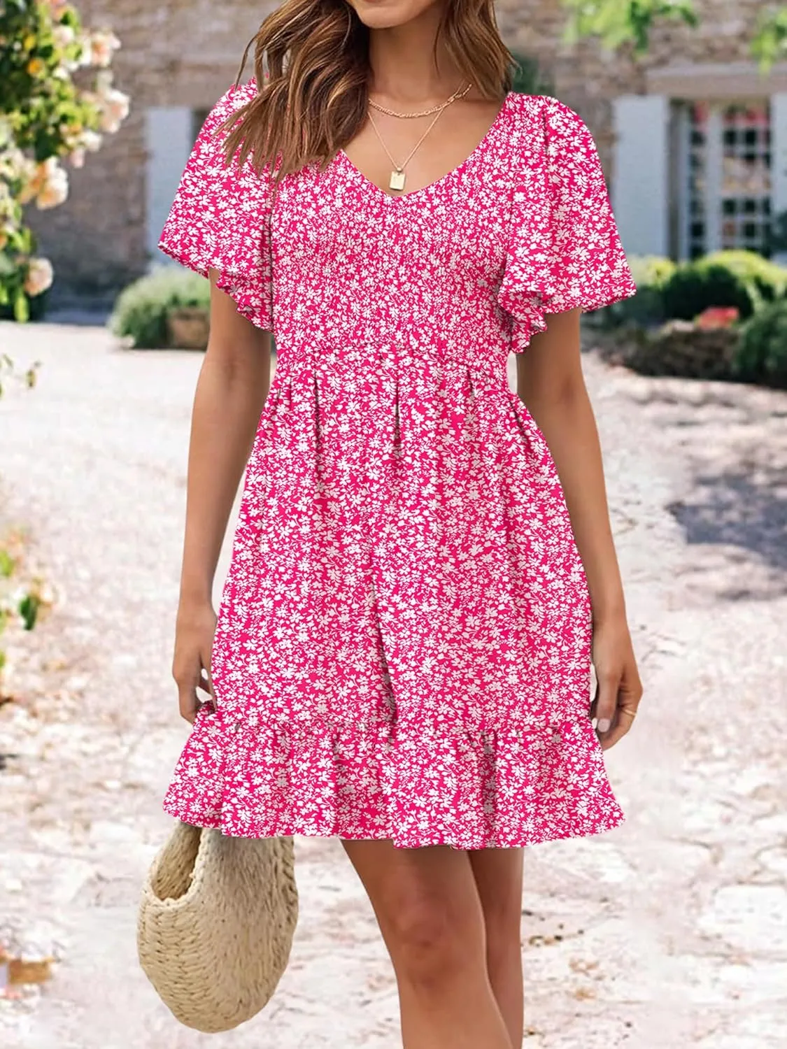 Womens Cute Floral Smocked V Neck Flutter Sleeve Sundress with Pockets Casual Spring Summer Dresses for Women 2025