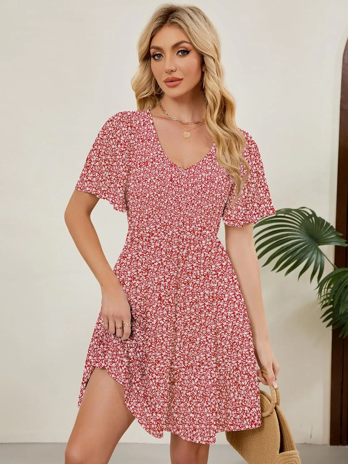 Womens Cute Floral Smocked V Neck Flutter Sleeve Sundress with Pockets Casual Spring Summer Dresses for Women 2025