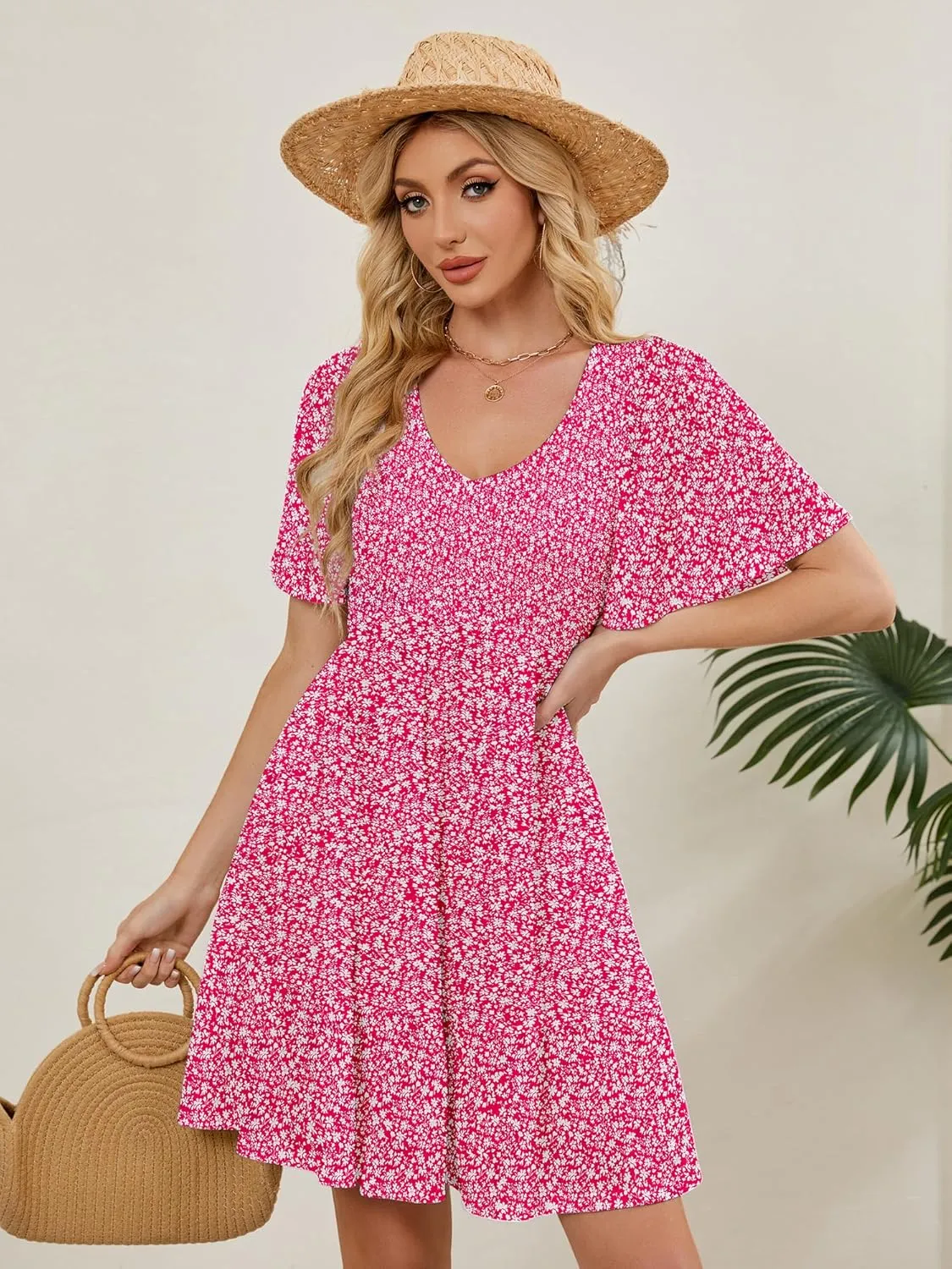 Womens Cute Floral Smocked V Neck Flutter Sleeve Sundress with Pockets Casual Spring Summer Dresses for Women 2025