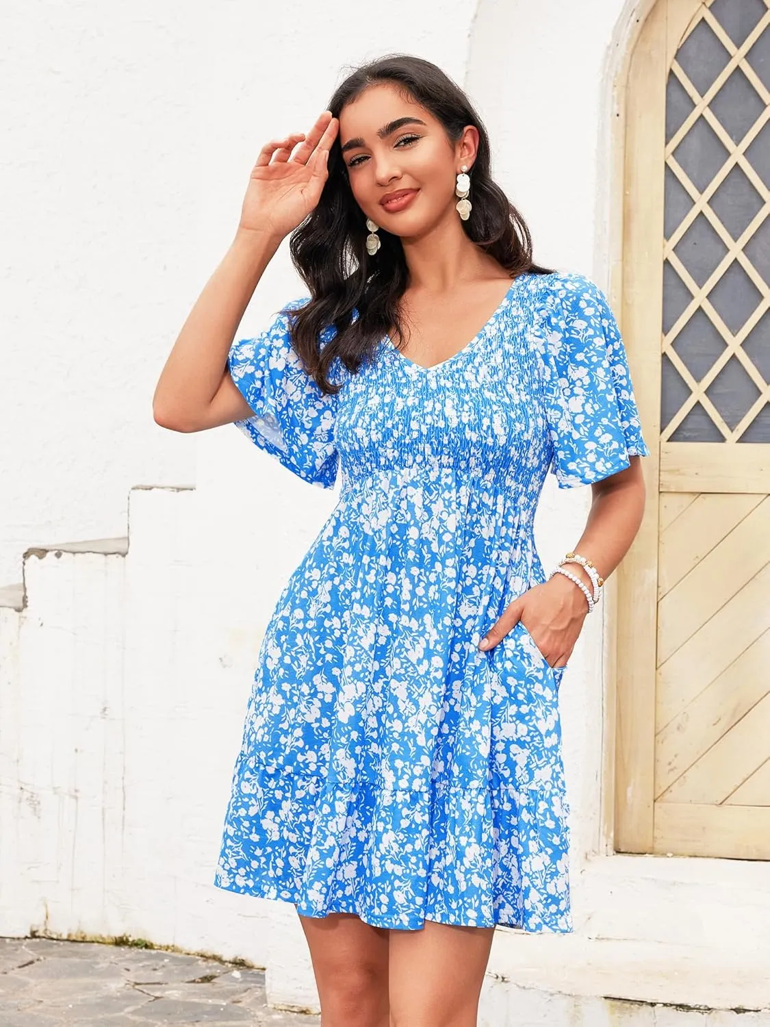Womens Cute Floral Smocked V Neck Flutter Sleeve Sundress with Pockets Casual Spring Summer Dresses for Women 2025