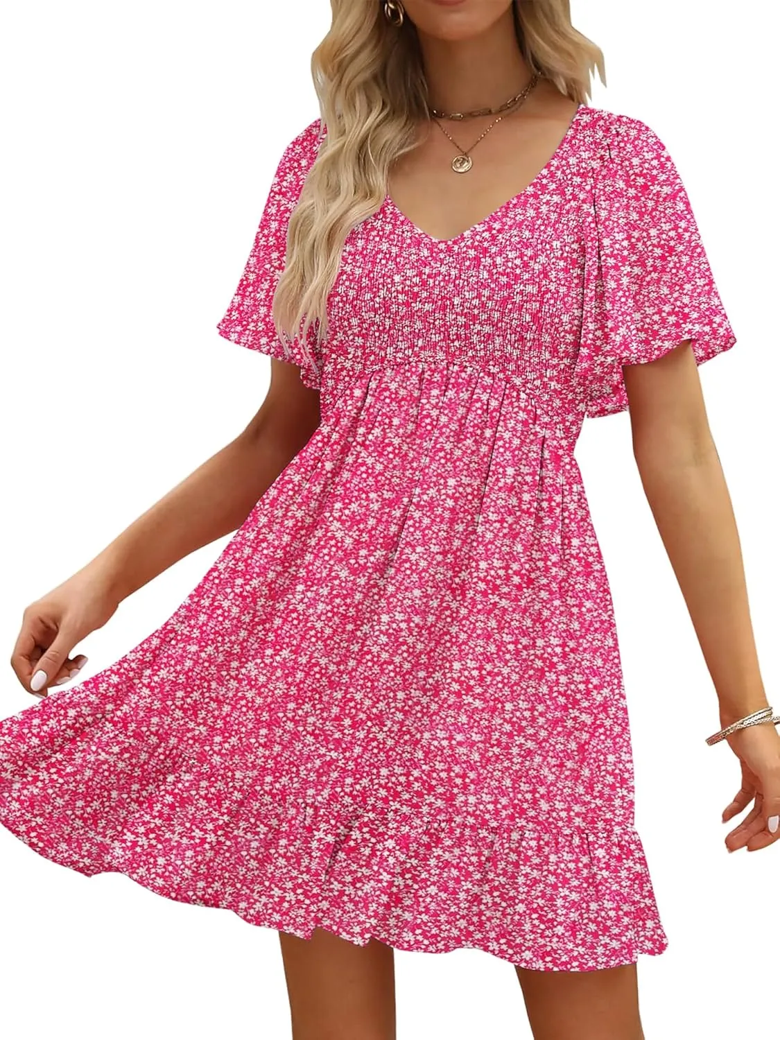 Womens Cute Floral Smocked V Neck Flutter Sleeve Sundress with Pockets Casual Spring Summer Dresses for Women 2025