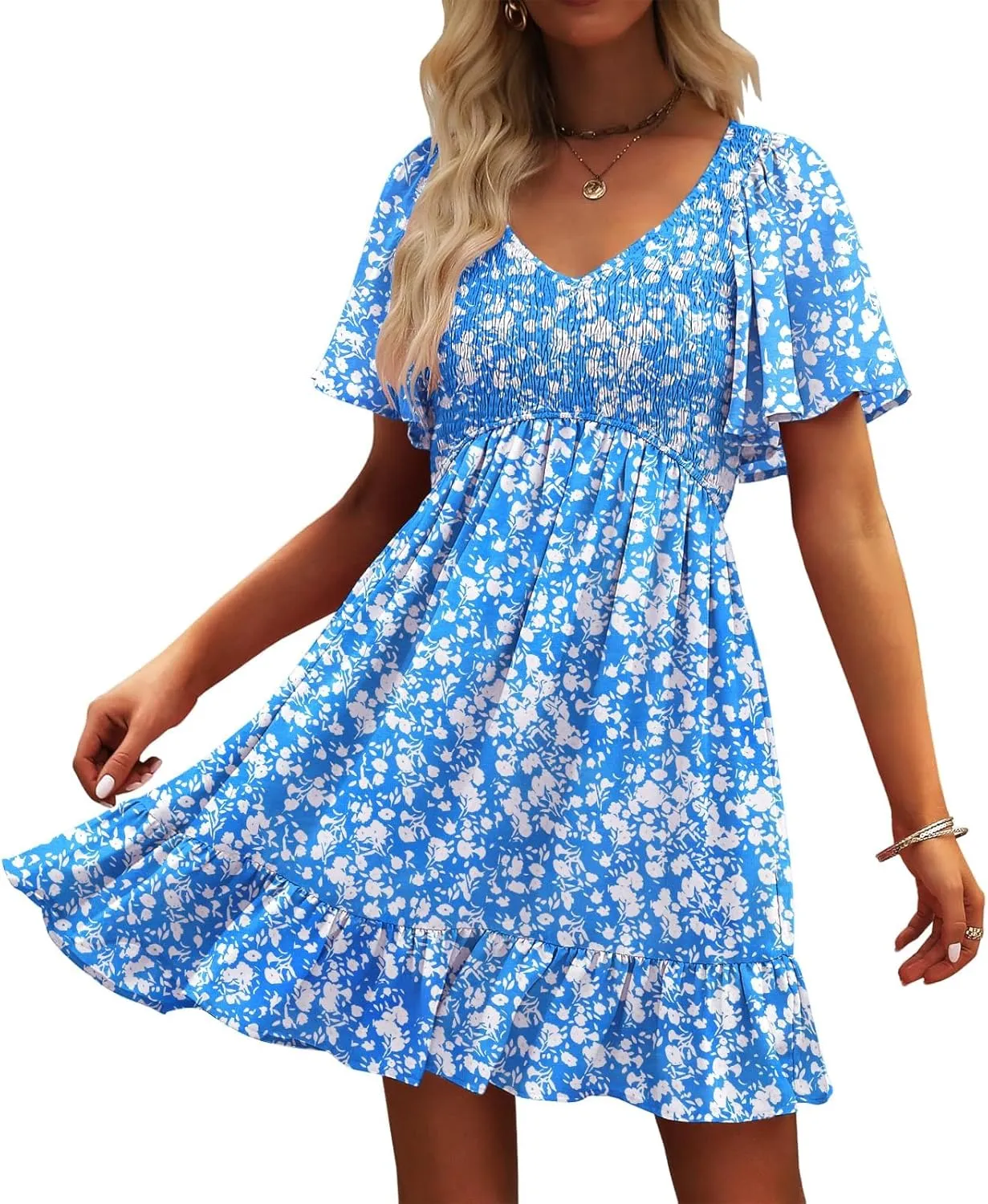 Womens Cute Floral Smocked V Neck Flutter Sleeve Sundress with Pockets Casual Spring Summer Dresses for Women 2025