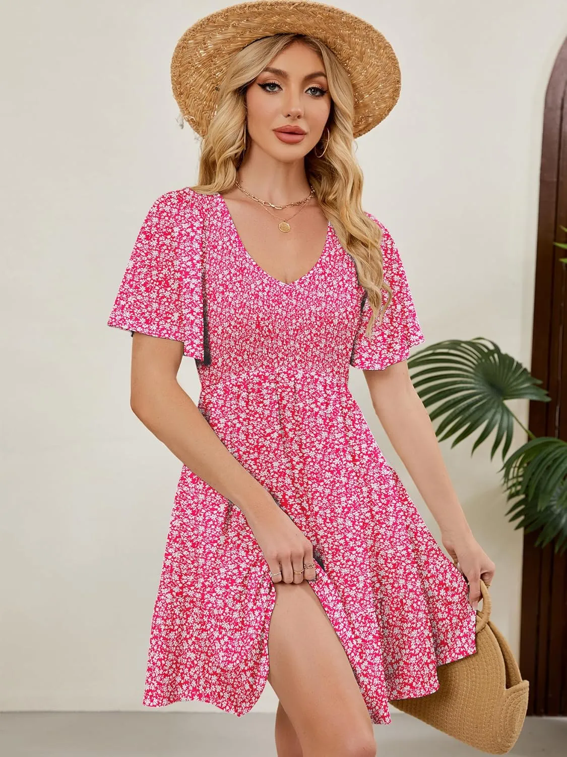 Womens Cute Floral Smocked V Neck Flutter Sleeve Sundress with Pockets Casual Spring Summer Dresses for Women 2025