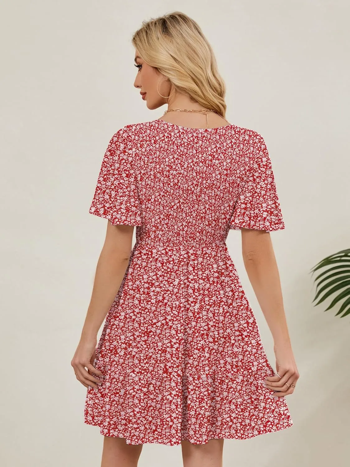 Womens Cute Floral Smocked V Neck Flutter Sleeve Sundress with Pockets Casual Spring Summer Dresses for Women 2025