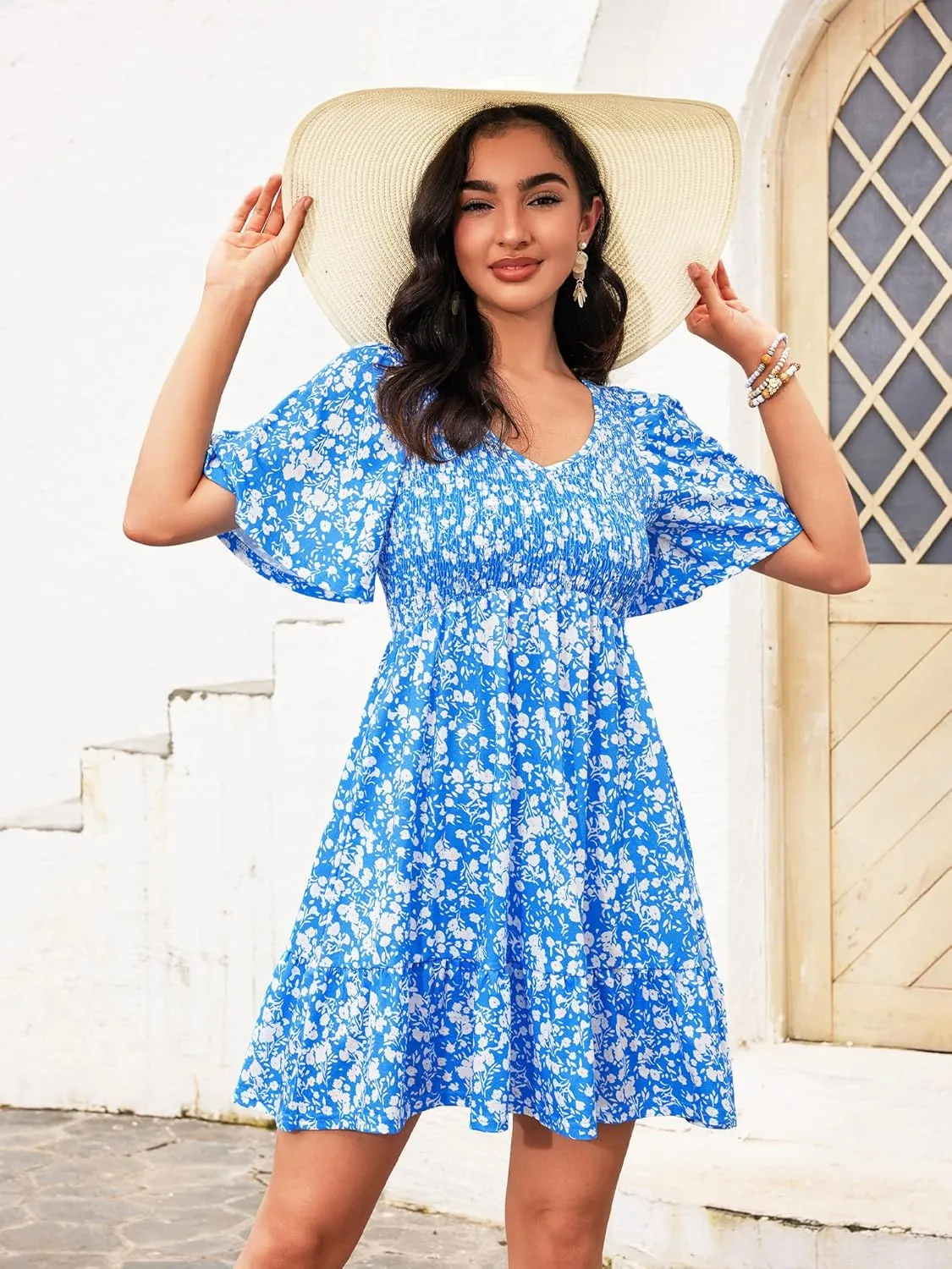 Womens Cute Floral Smocked V Neck Flutter Sleeve Sundress with Pockets Casual Spring Summer Dresses for Women 2025