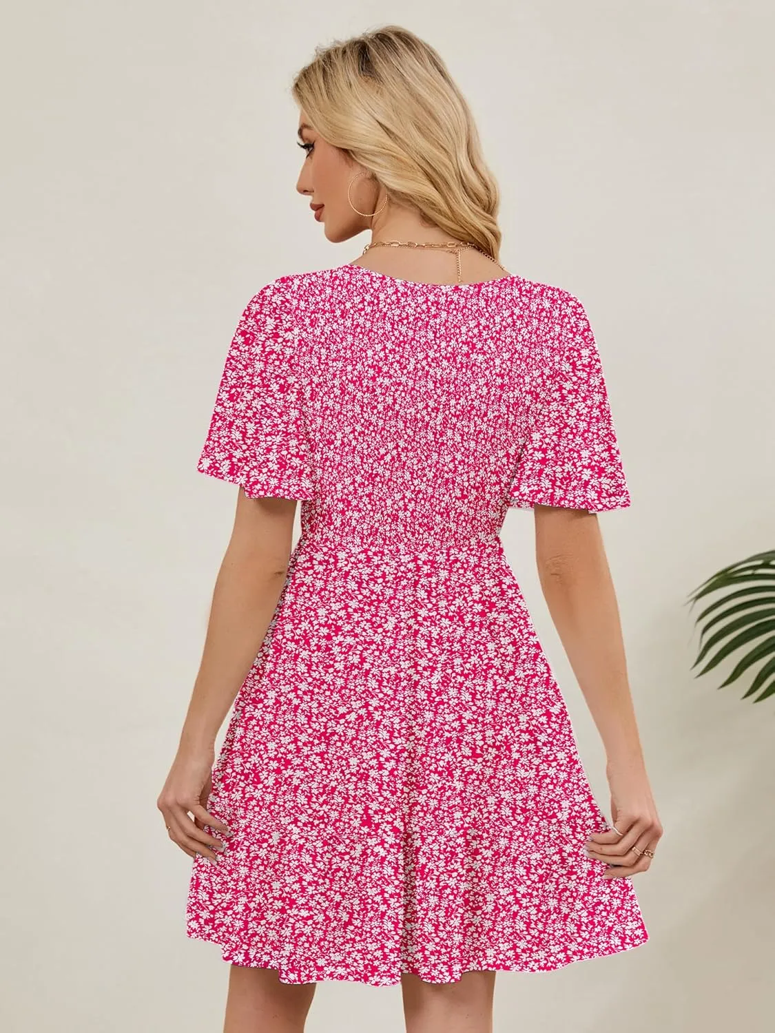 Womens Cute Floral Smocked V Neck Flutter Sleeve Sundress with Pockets Casual Spring Summer Dresses for Women 2025
