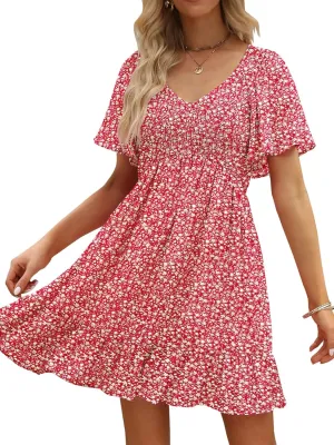 Womens Cute Floral Smocked V Neck Flutter Sleeve Sundress with Pockets Casual Spring Summer Dresses for Women 2025