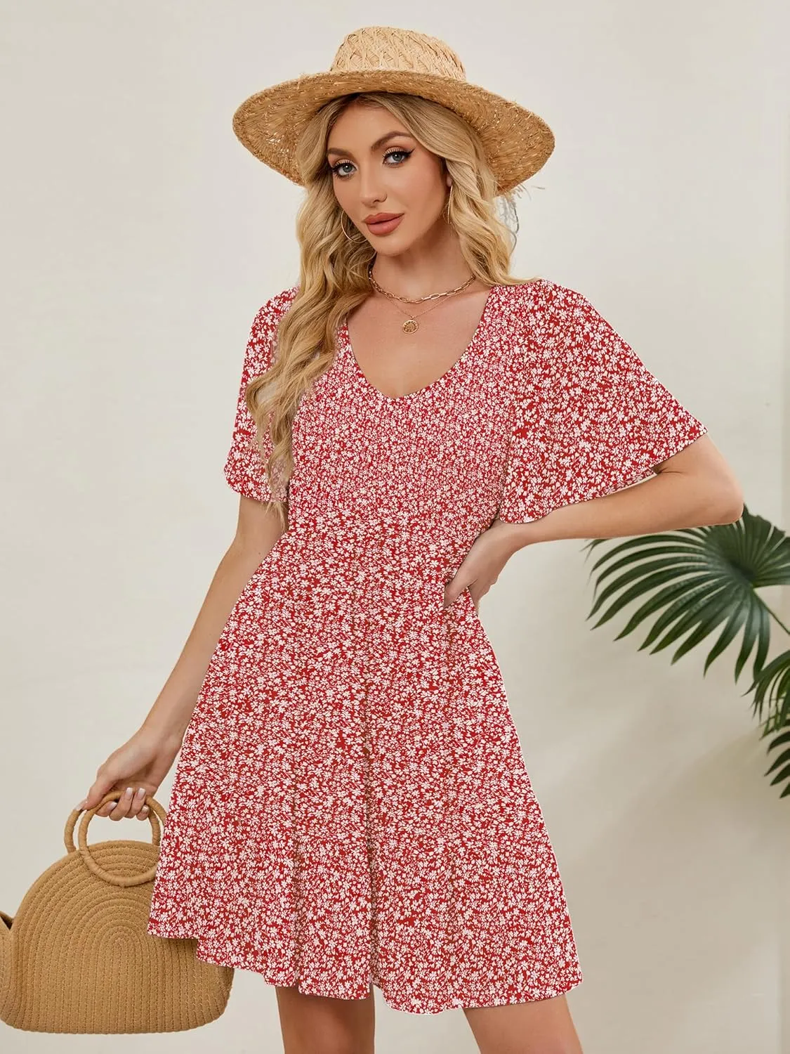 Womens Cute Floral Smocked V Neck Flutter Sleeve Sundress with Pockets Casual Spring Summer Dresses for Women 2025