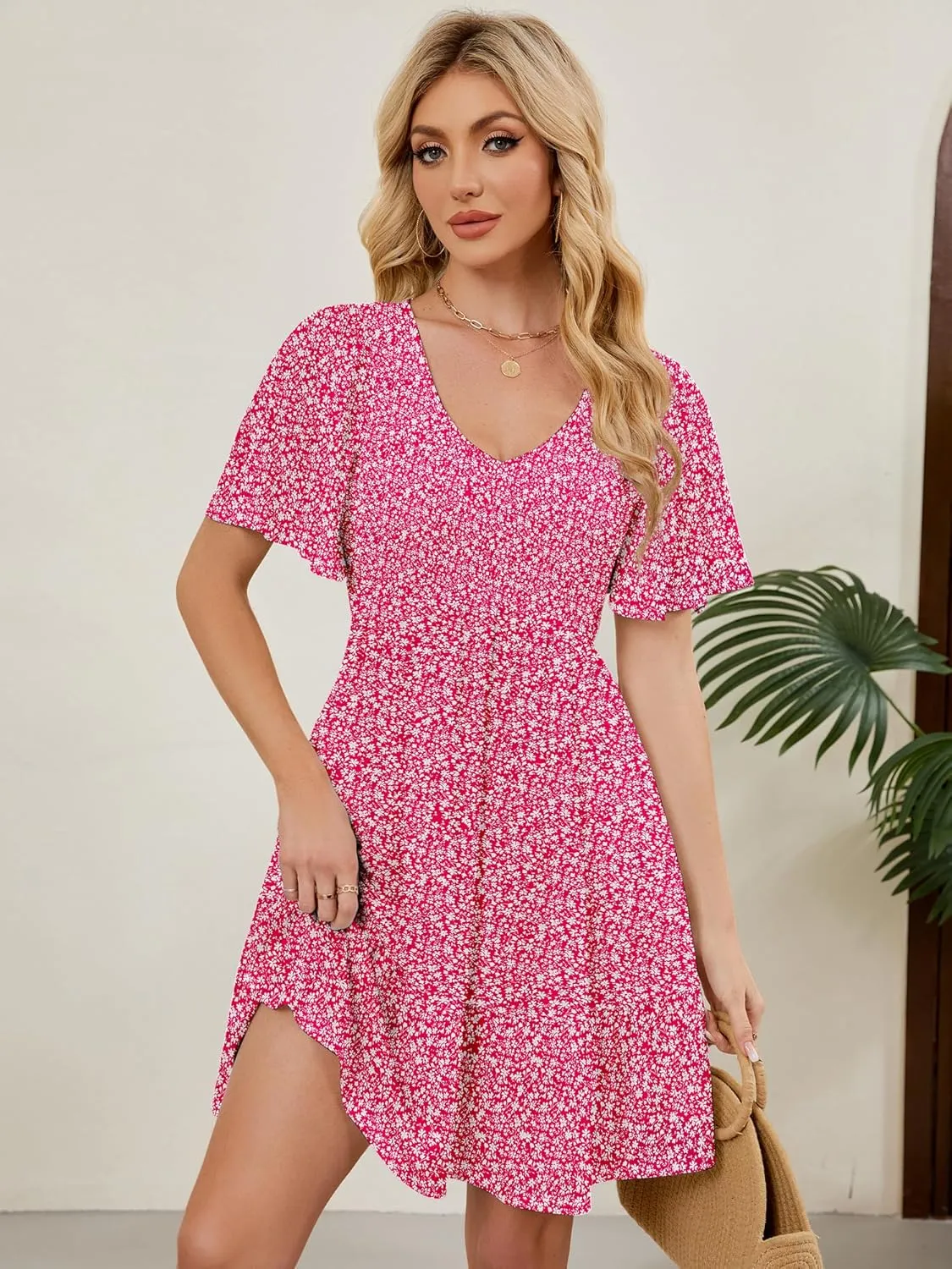 Womens Cute Floral Smocked V Neck Flutter Sleeve Sundress with Pockets Casual Spring Summer Dresses for Women 2025