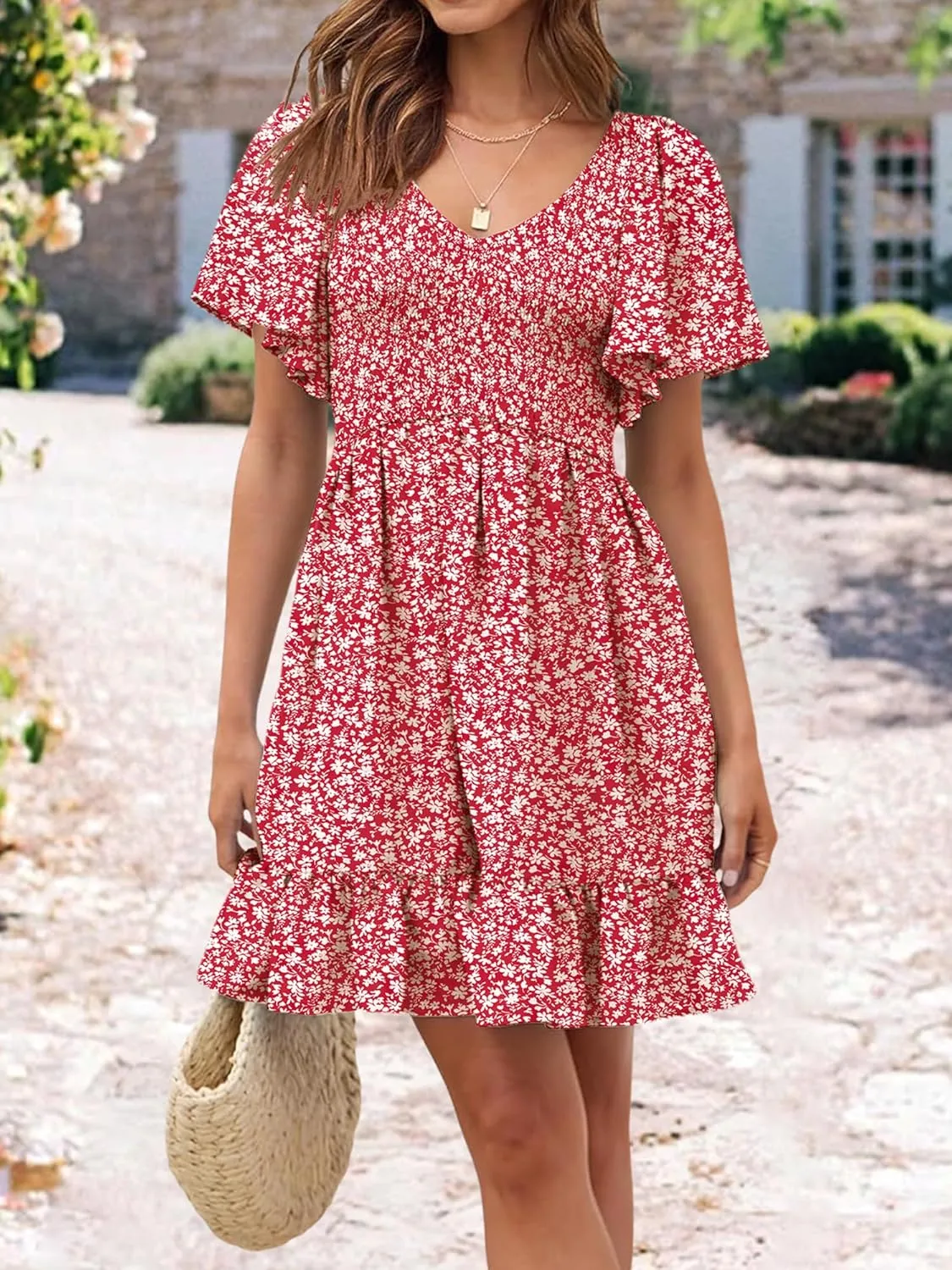 Womens Cute Floral Smocked V Neck Flutter Sleeve Sundress with Pockets Casual Spring Summer Dresses for Women 2025