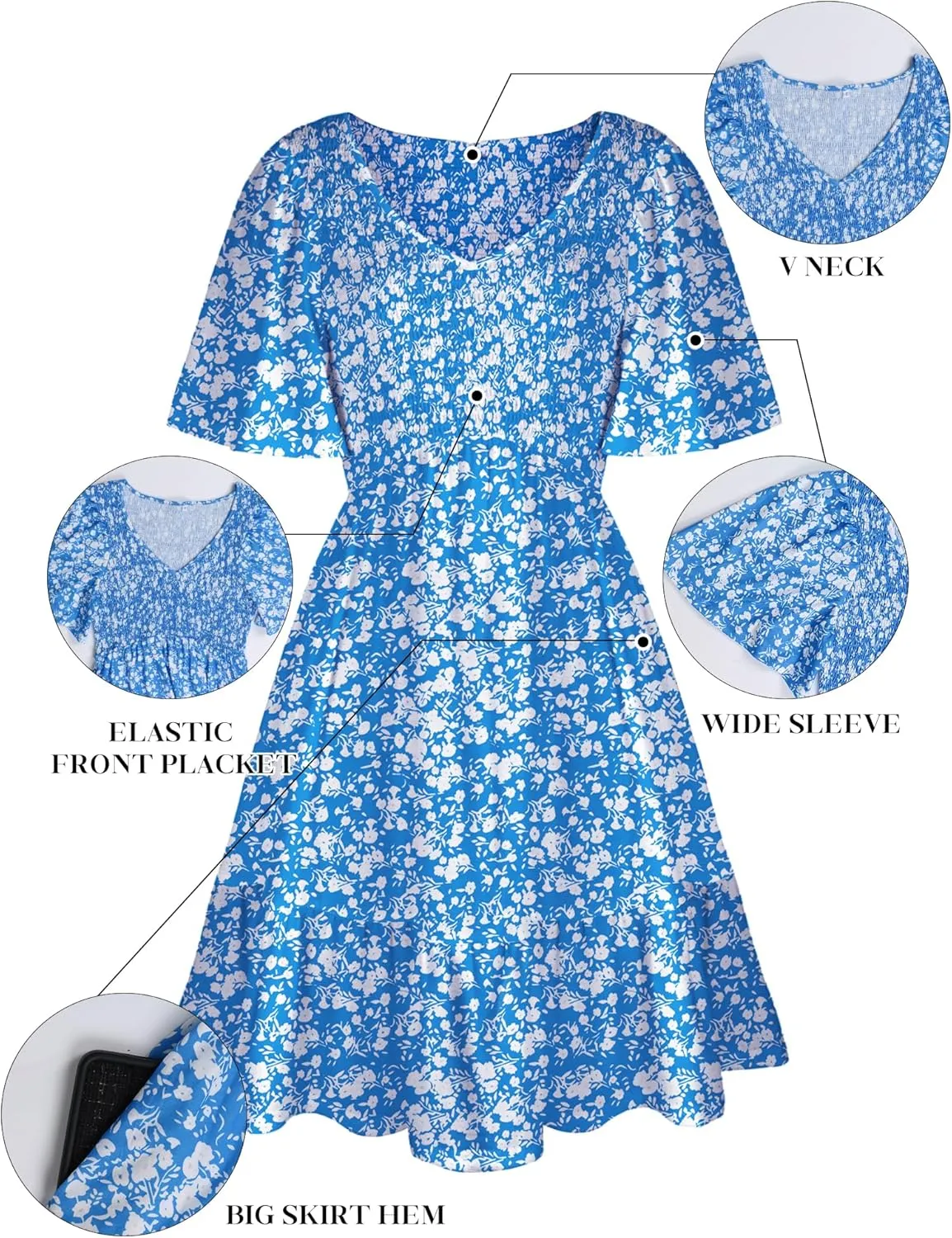 Womens Cute Floral Smocked V Neck Flutter Sleeve Sundress with Pockets Casual Spring Summer Dresses for Women 2025