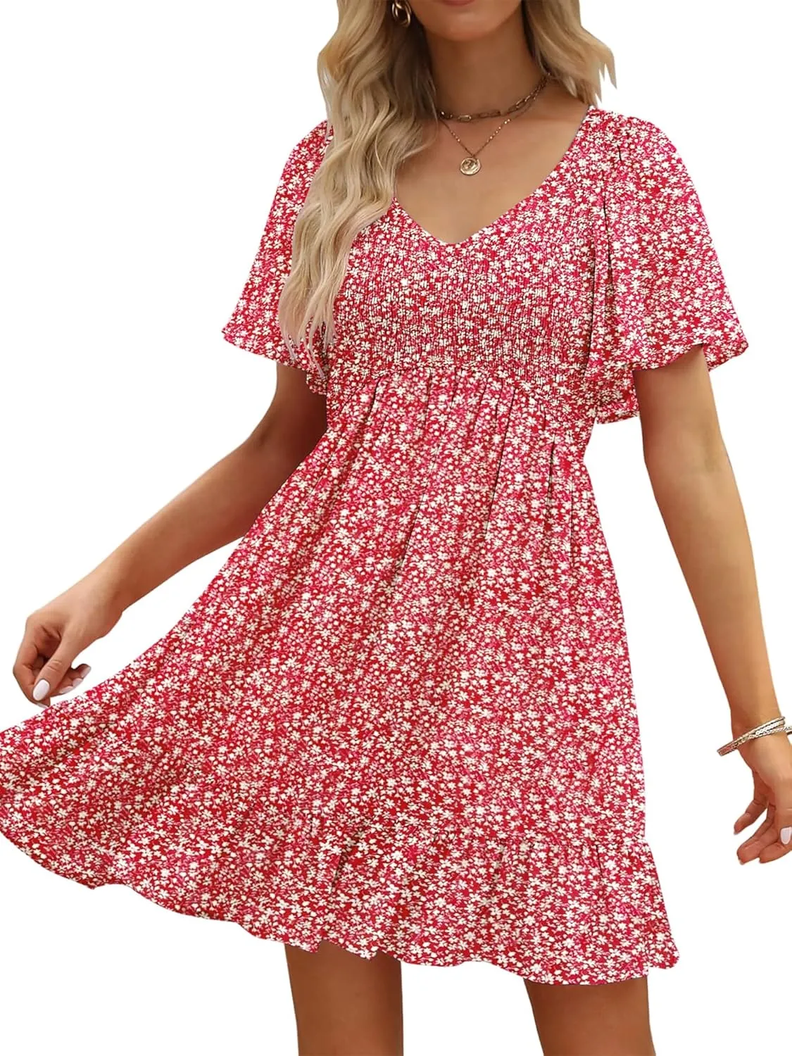 Womens Cute Floral Smocked V Neck Flutter Sleeve Sundress with Pockets Casual Spring Summer Dresses for Women 2025