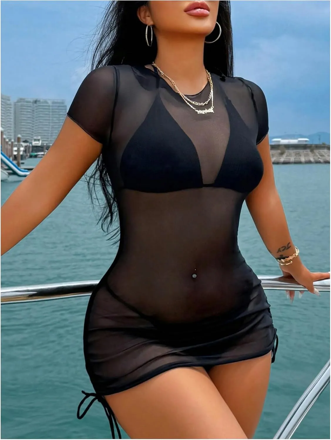 Women's Drawstring Ruched Swimsuit Coverup Short Sleeve Sheer Mesh Beach Dress Bathing Suit Cover Up