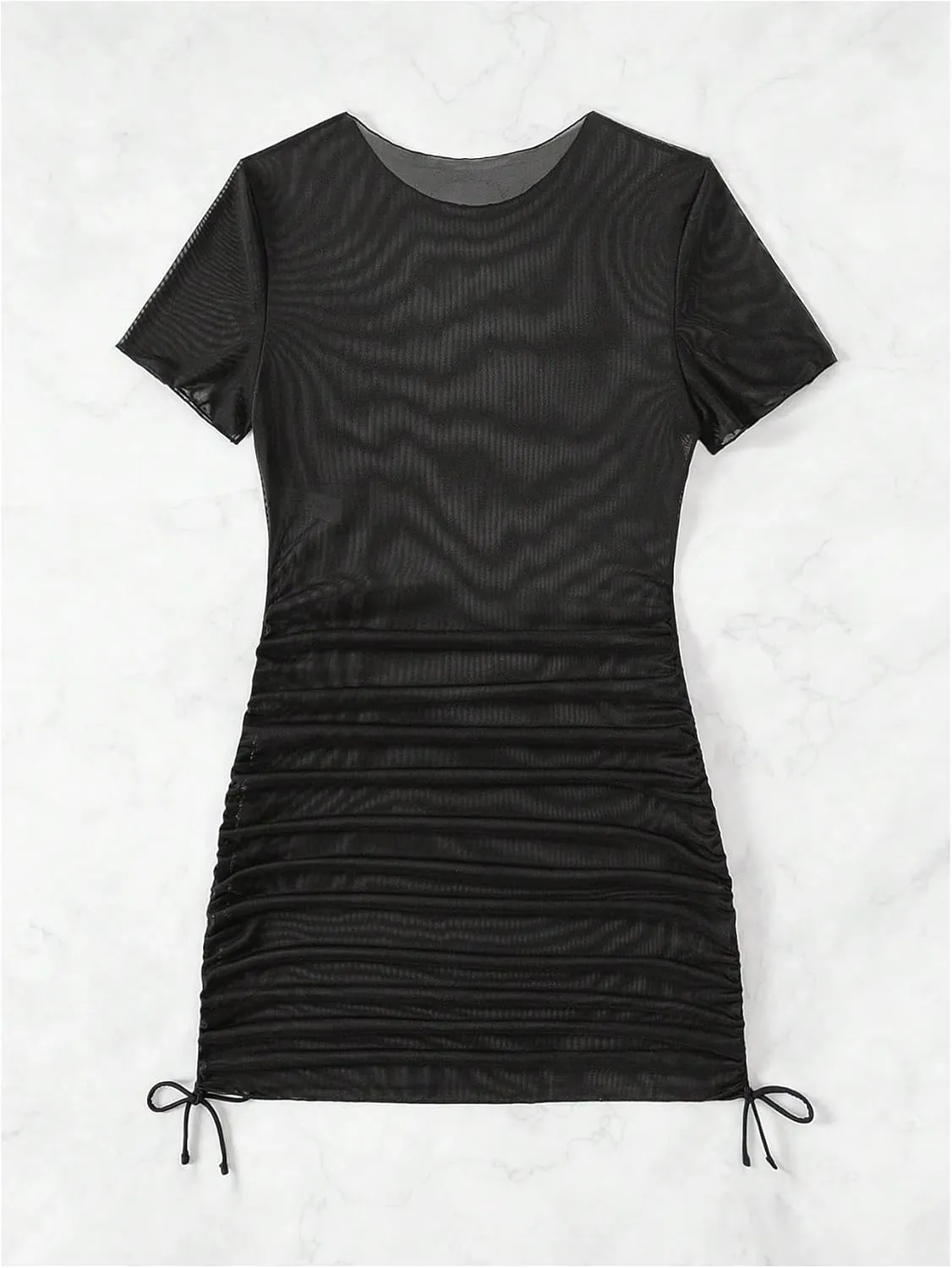Women's Drawstring Ruched Swimsuit Coverup Short Sleeve Sheer Mesh Beach Dress Bathing Suit Cover Up
