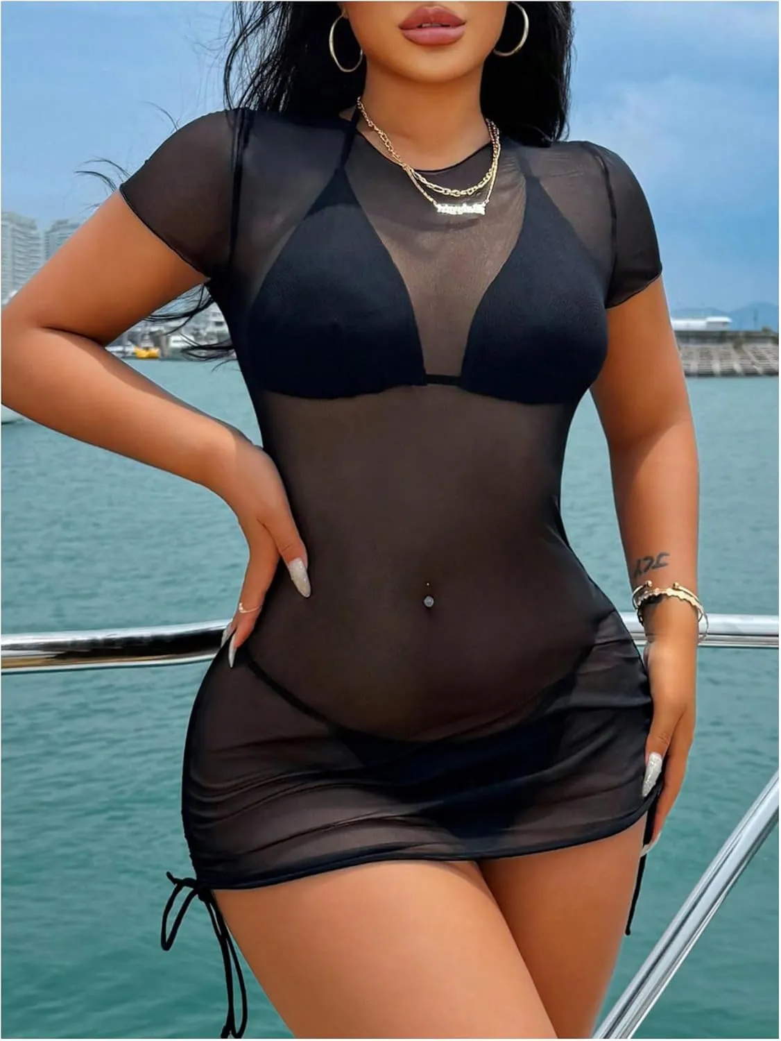 Women's Drawstring Ruched Swimsuit Coverup Short Sleeve Sheer Mesh Beach Dress Bathing Suit Cover Up