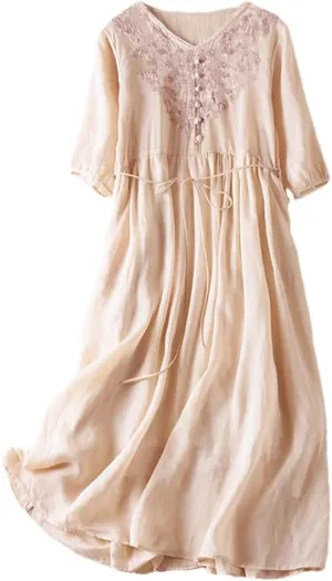 Women's Dresses Chinese Style Embroidery Clothing Summer Short Sleeve V-Neck Casual Dress