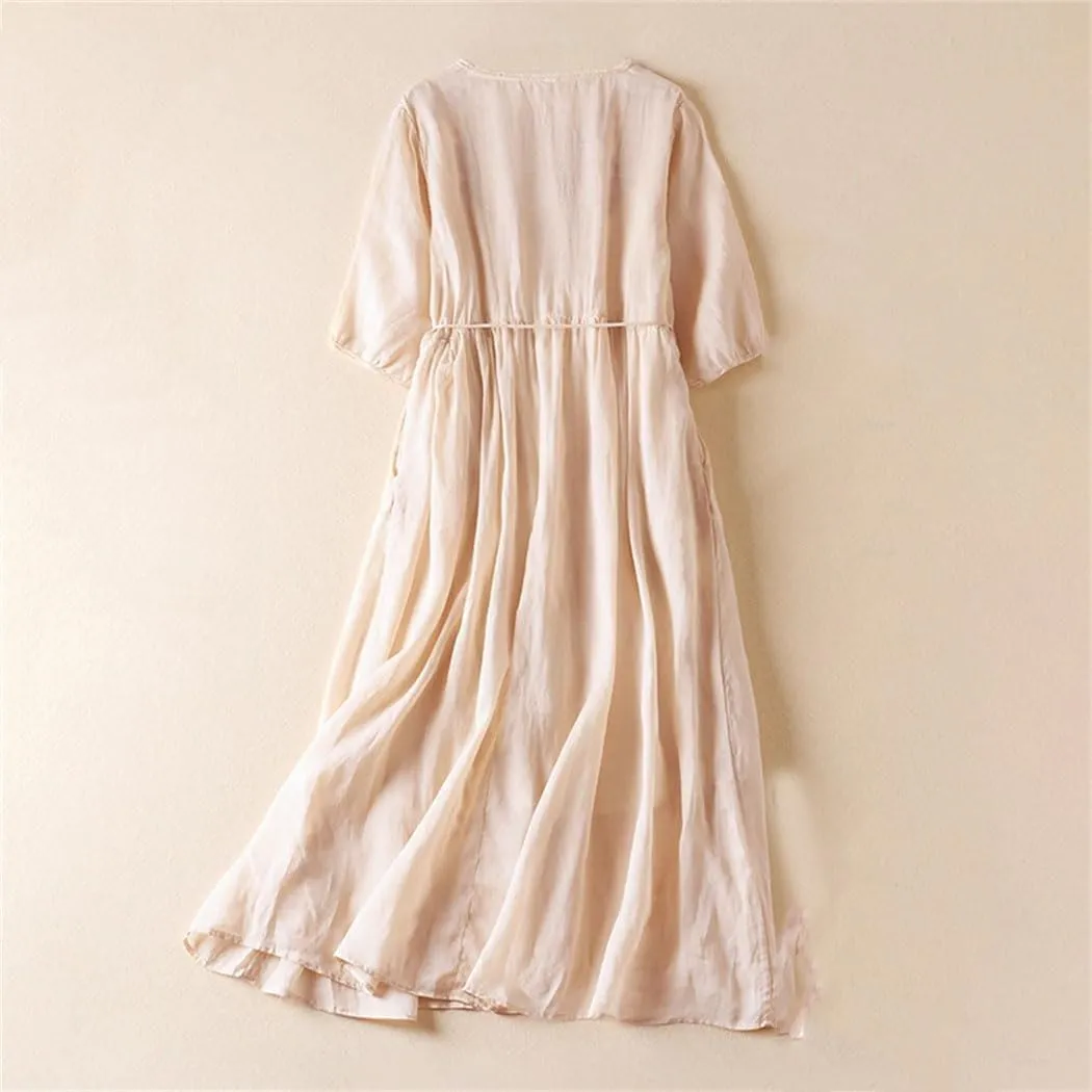 Women's Dresses Chinese Style Embroidery Clothing Summer Short Sleeve V-Neck Casual Dress