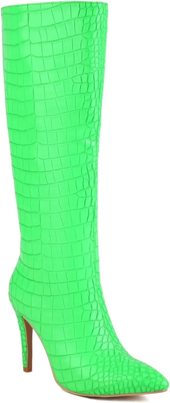 Women's Elegant Crocodile Dress Boots Knee High Zipper Slim High Boots Closed Pointed Toed High Stiletto Heeled Booties Daily Wear Pull-On Banquet Fancy Heels