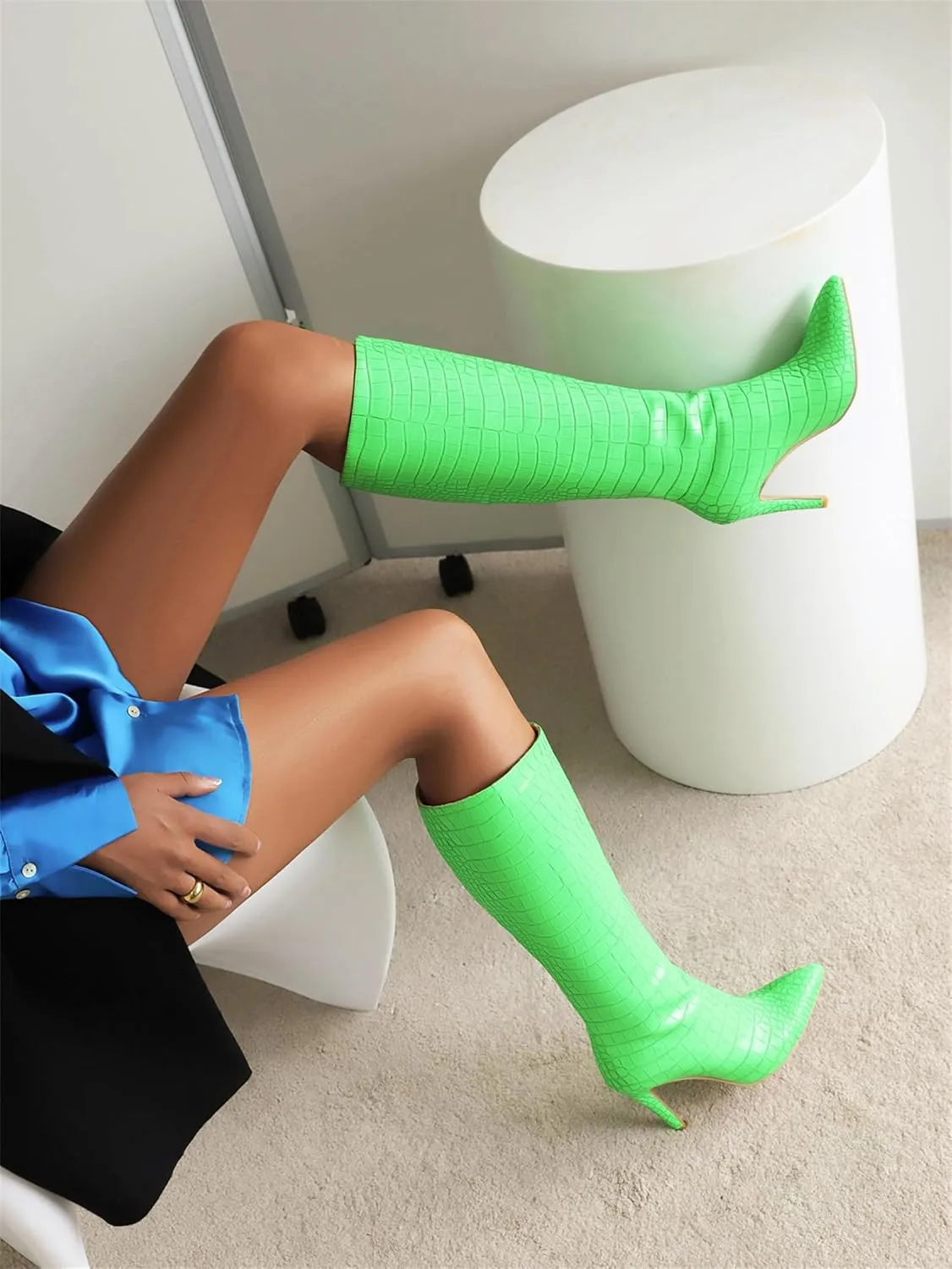 Women's Elegant Crocodile Dress Boots Knee High Zipper Slim High Boots Closed Pointed Toed High Stiletto Heeled Booties Daily Wear Pull-On Banquet Fancy Heels