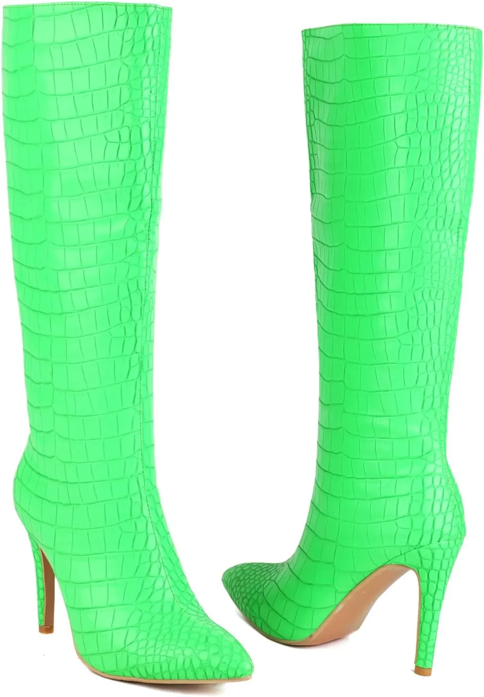 Women's Elegant Crocodile Dress Boots Knee High Zipper Slim High Boots Closed Pointed Toed High Stiletto Heeled Booties Daily Wear Pull-On Banquet Fancy Heels