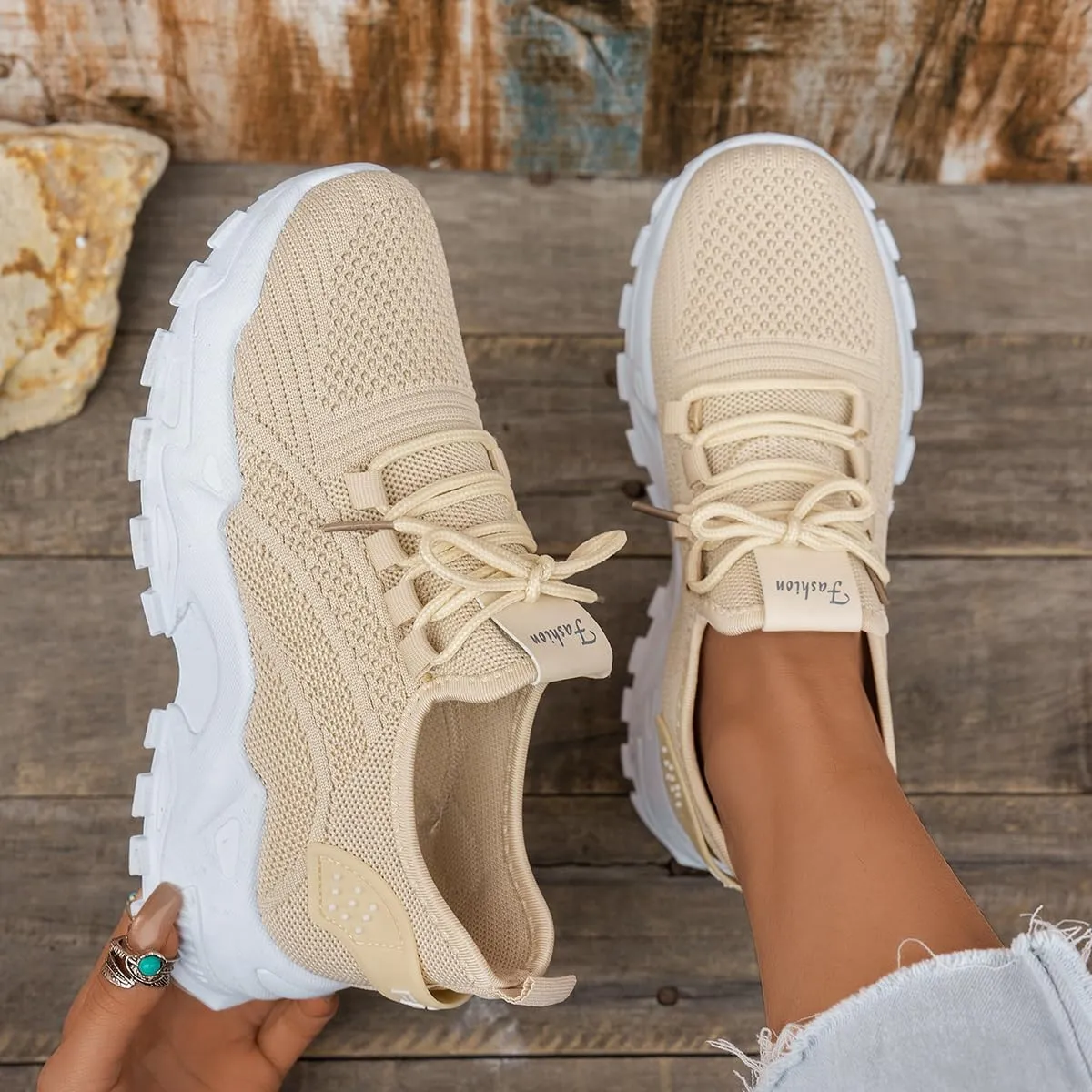 Women’s Fashion Athletic Sneakers - Breathable Mesh Lace - Up Shoes with White Sole and Stylish Accents​