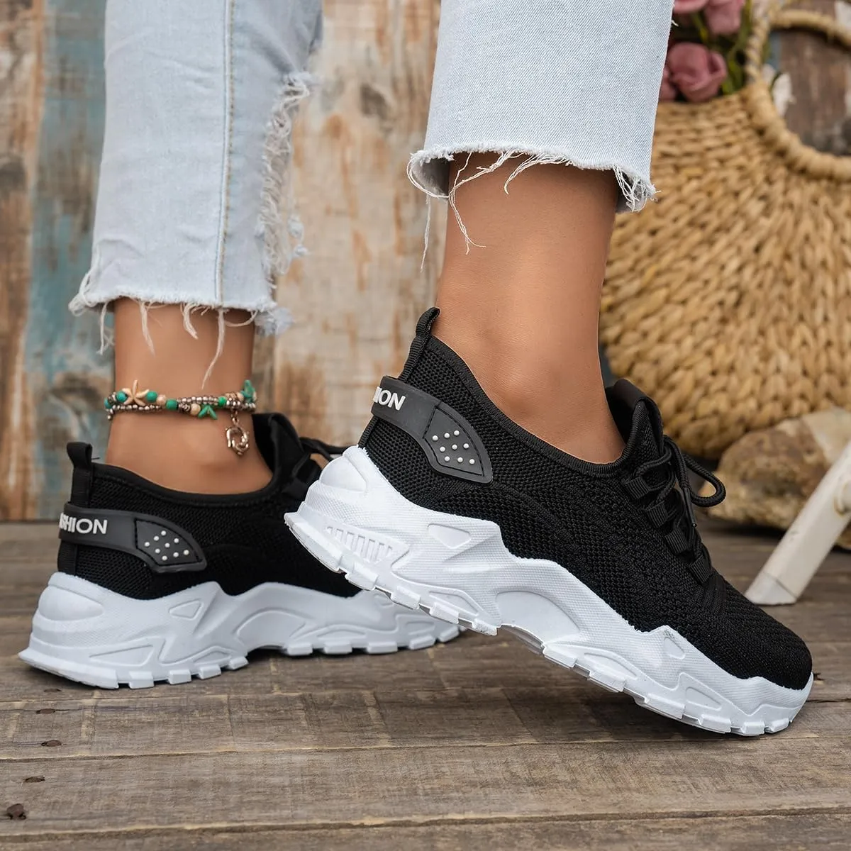 Women’s Fashion Athletic Sneakers - Breathable Mesh Lace - Up Shoes with White Sole and Stylish Accents​