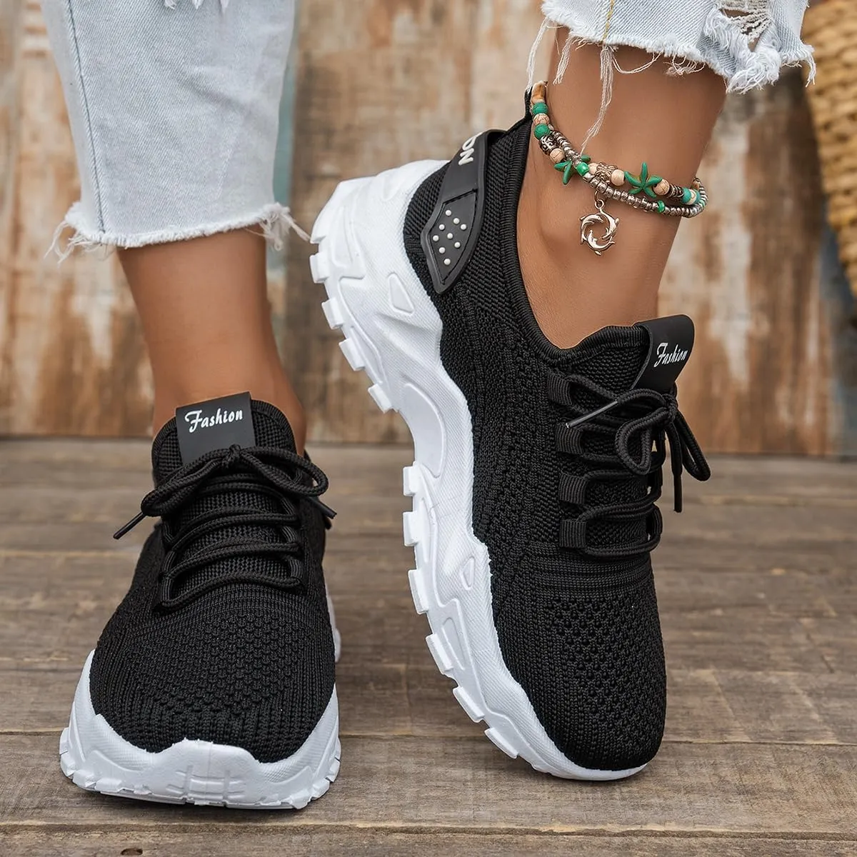 Women’s Fashion Athletic Sneakers - Breathable Mesh Lace - Up Shoes with White Sole and Stylish Accents​