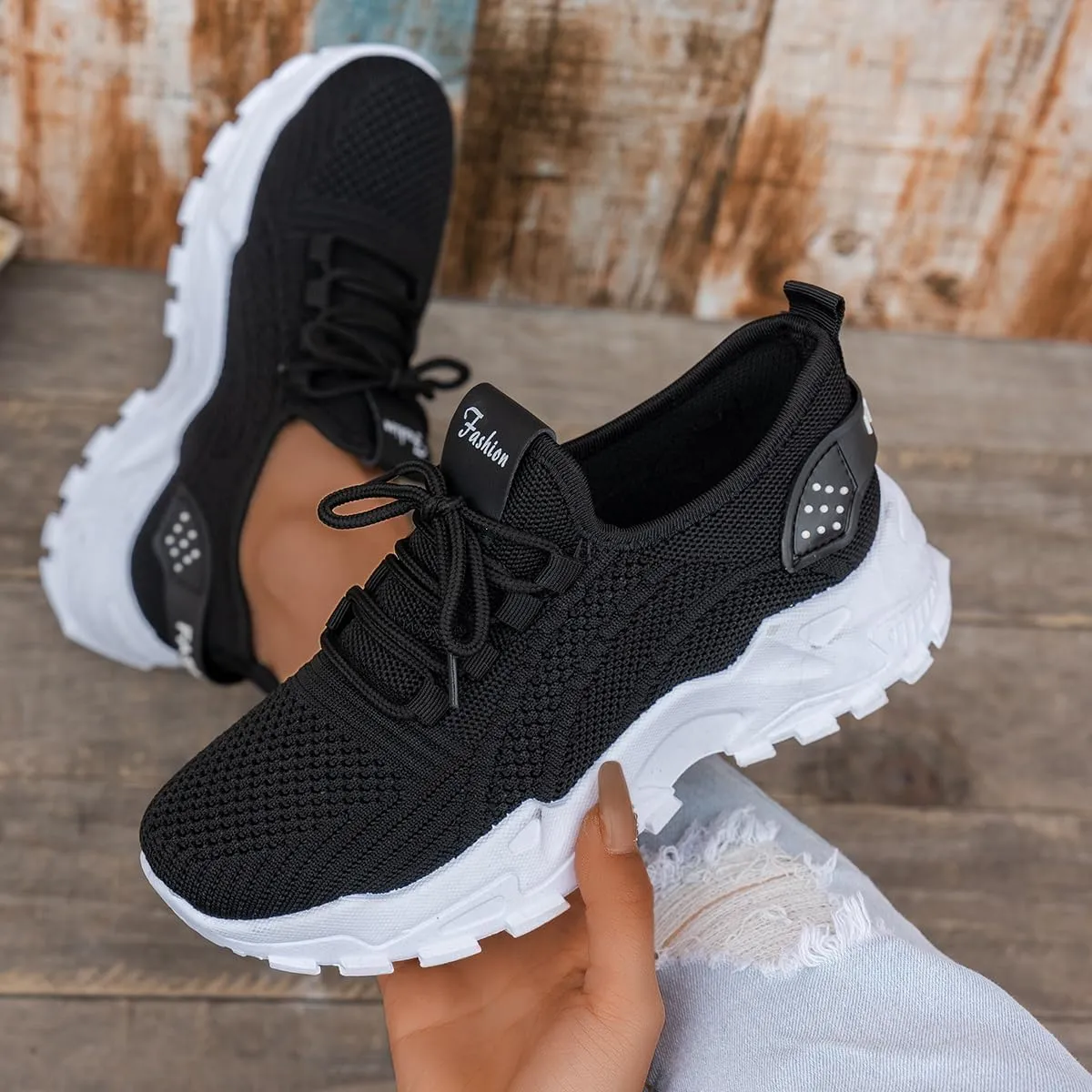 Women’s Fashion Athletic Sneakers - Breathable Mesh Lace - Up Shoes with White Sole and Stylish Accents​