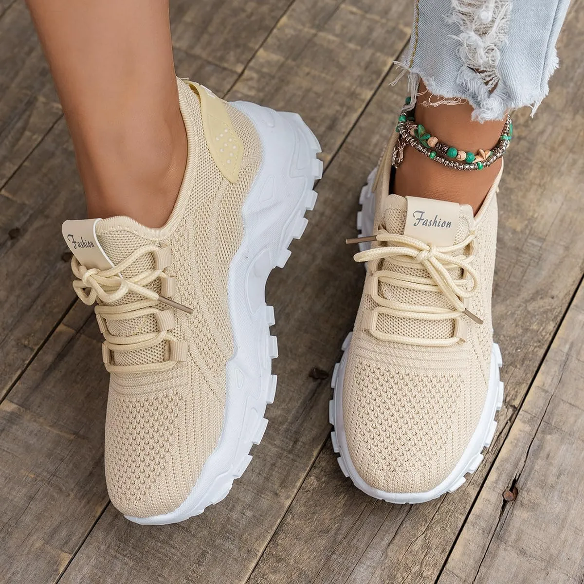 Women’s Fashion Athletic Sneakers - Breathable Mesh Lace - Up Shoes with White Sole and Stylish Accents​