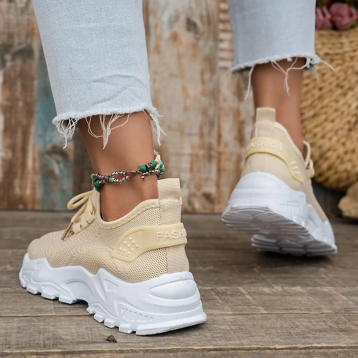Women’s Fashion Athletic Sneakers - Breathable Mesh Lace - Up Shoes with White Sole and Stylish Accents​