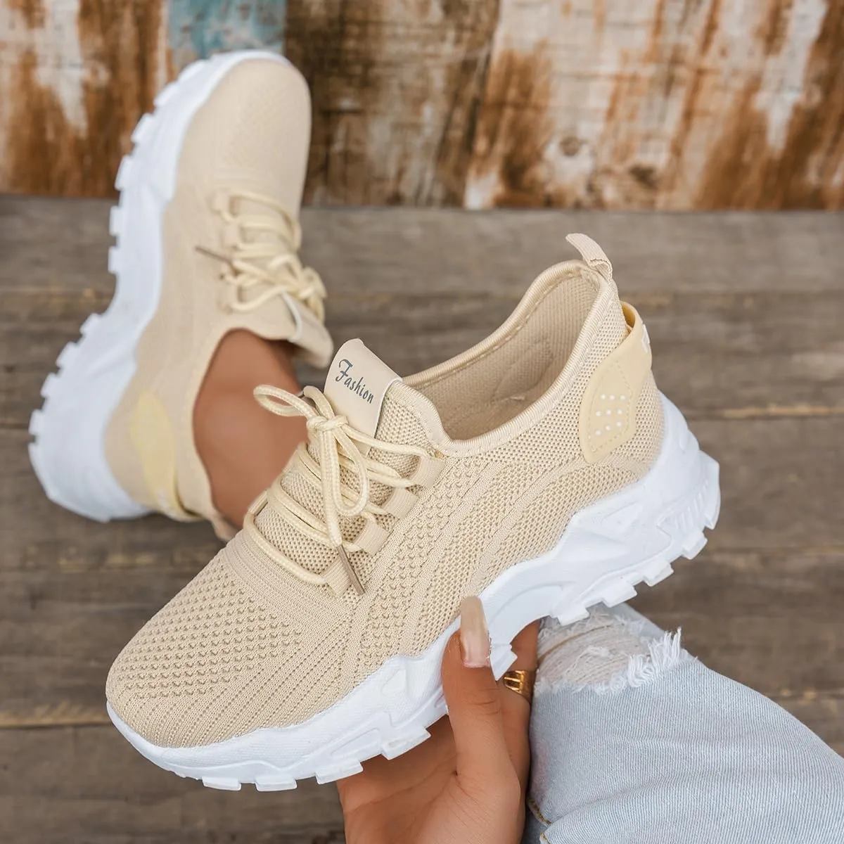 Women’s Fashion Athletic Sneakers - Breathable Mesh Lace - Up Shoes with White Sole and Stylish Accents​