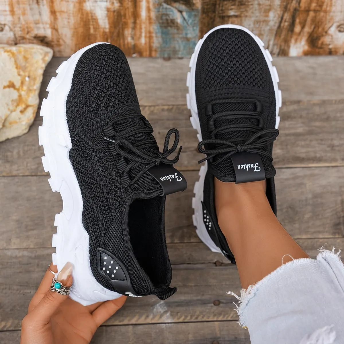 Women’s Fashion Athletic Sneakers - Breathable Mesh Lace - Up Shoes with White Sole and Stylish Accents​