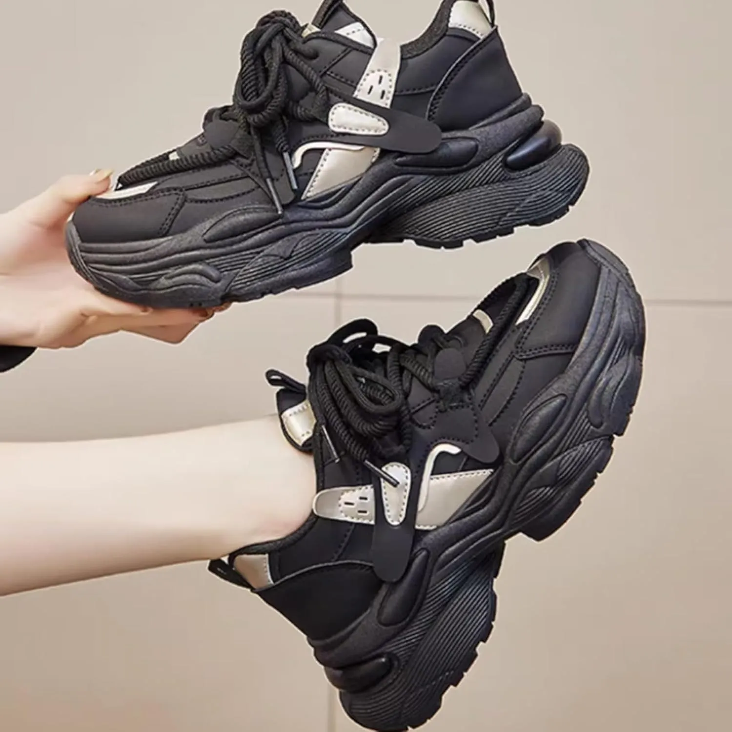 Womens Fashion Leather Lace Up Chunky Platform Sneakers Casual Breathable Shock Absorbing Heighten Walking Workout Driving Shoes